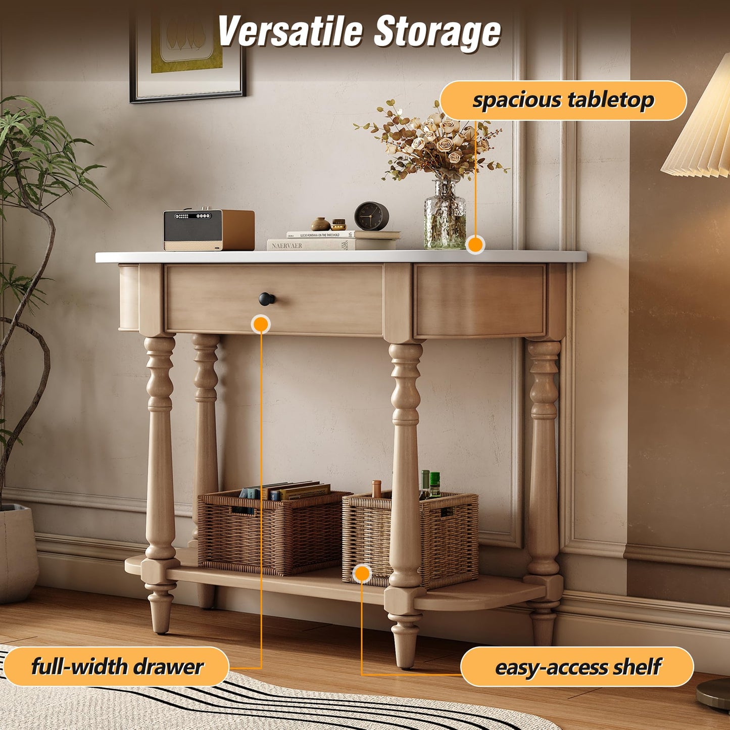 LKTART Small Solid Wood Sofa Table,Console Table with Drawers and Bottom Shelf, Entryway Hallway Foyer Entry Table for Living Room(23.7" Natural)