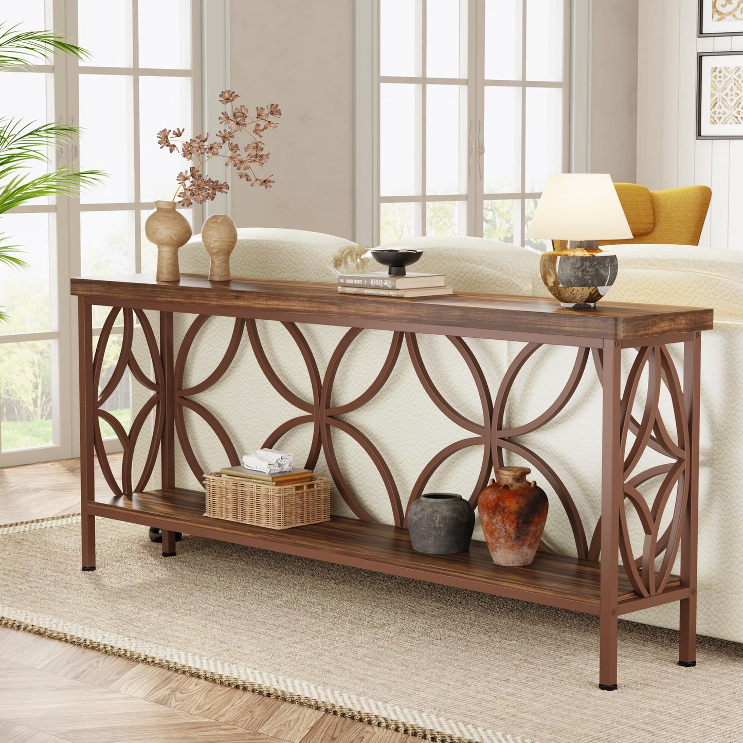 Tribesigns 70.9-Inch Narrow Sofa Table, Industrial Long Sofa Table Behind Couch, Entry Console Table with Storage for Entryway, Living Room, Foyer, Unique Design, Rustic Brown