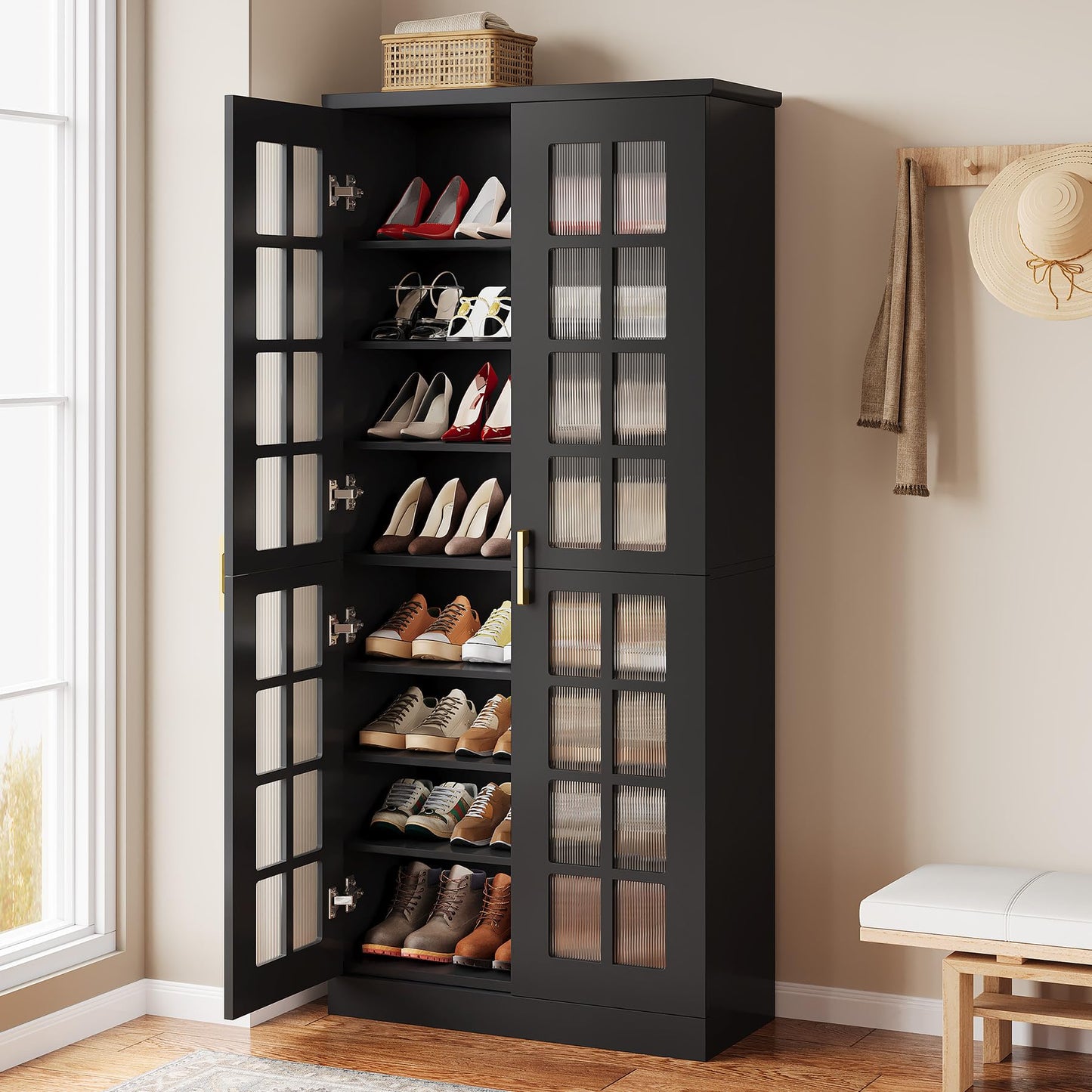 Tribesigns Tall Shoe Cabinet with Doors, 8-Tier Shoe Storage with Adjustable Shelves, Modern Shoe Organizer Shoe Rack Cabinet for Entryway, Hallway, Closet, Living Room, Rustic Brown
