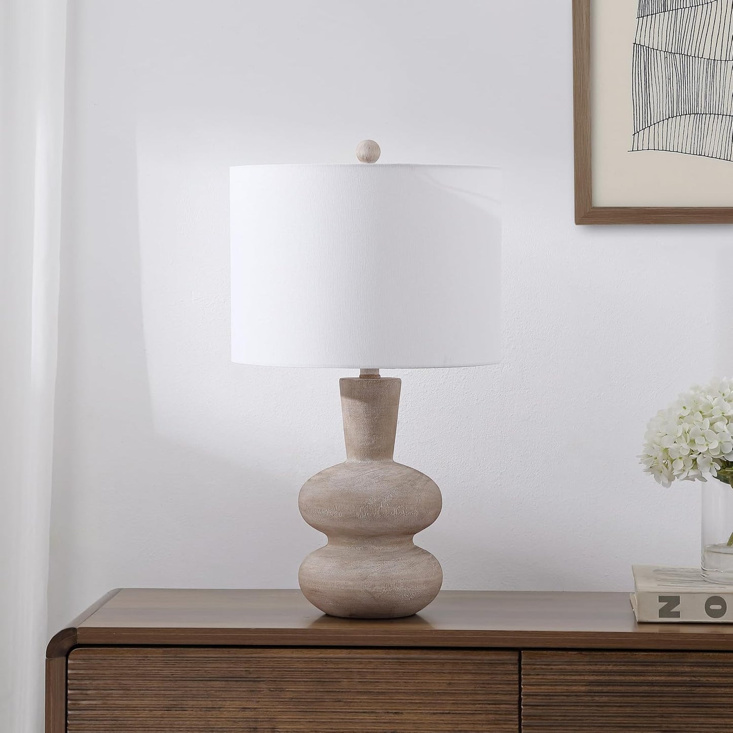 JONATHAN Y 24" Antique Brown Modern Minimalist Sculptural Oak-Grain Resin LED Table Lamp for Living Room Bedroom, White Linen Drum Shade, LED Bulb Included JYL5708A