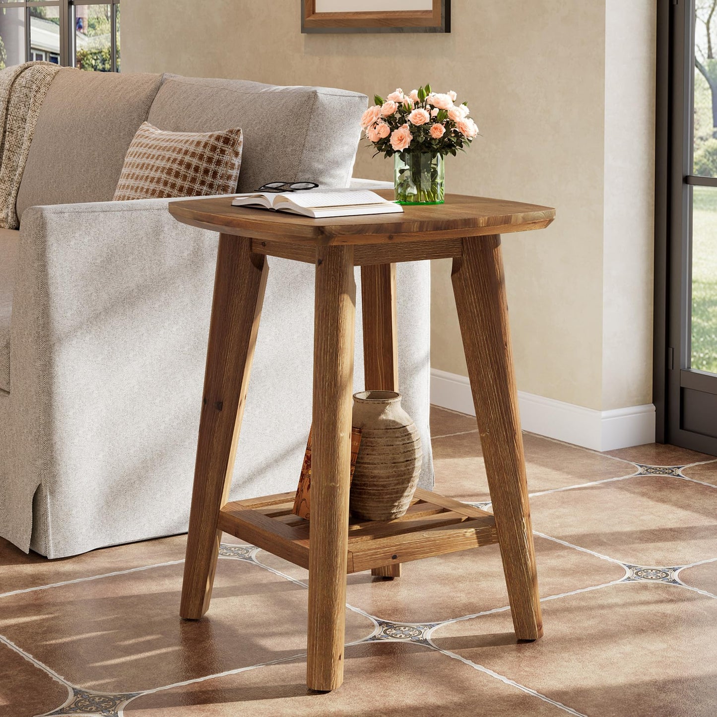Square Side Table with 2-Tier Storage Shelf & Solid Wood Material, 19.68" Wood End Table for Living Room, Sofa Side, Small Spaces – Easy Assembly, Space-Saving Design (2PCS)