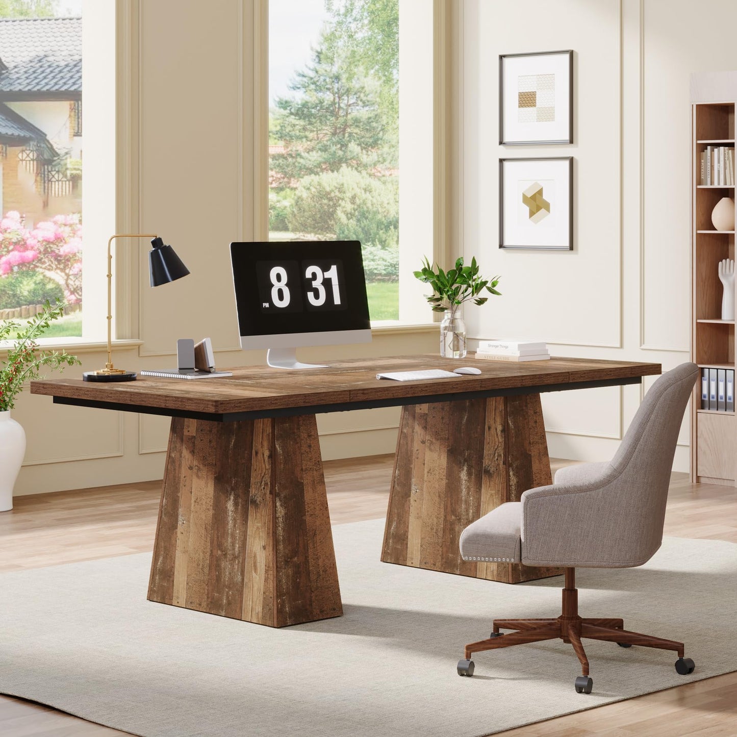 Tribesigns 63-Inch Executive Desk, Large Office Computer Desk with Double Pedestal, Modern Simple Workstations Writing Table Conference Table Business Furniture for Home Office, Light Brown