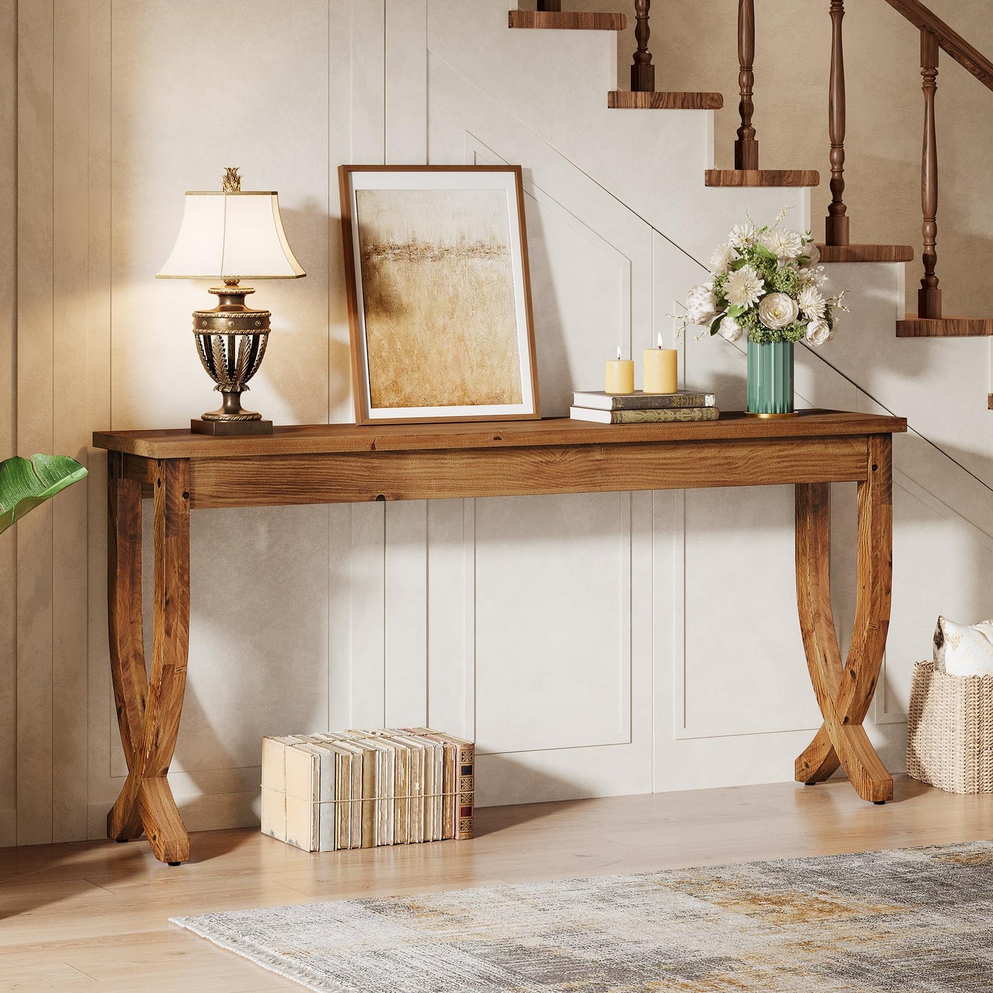 Solid Wood Console Table for Entryway, 63-Inch Narrow Long Sofa Table, Farmhouse Hallway Table for Living Room, Entrance, Foyer (Brown)