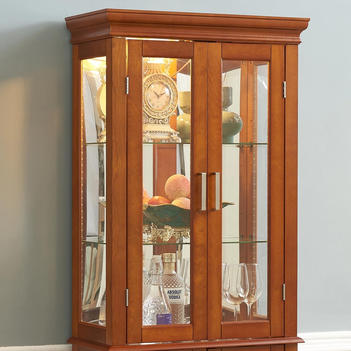 LKTART Curio Glass Display Cabinet with Lighted and Mirrored Back Panel,China Cabinets with Glass Doors,Tall Storage Cabinets with Adjustable Shelves for Curio Collectibles Storage(Cherry)