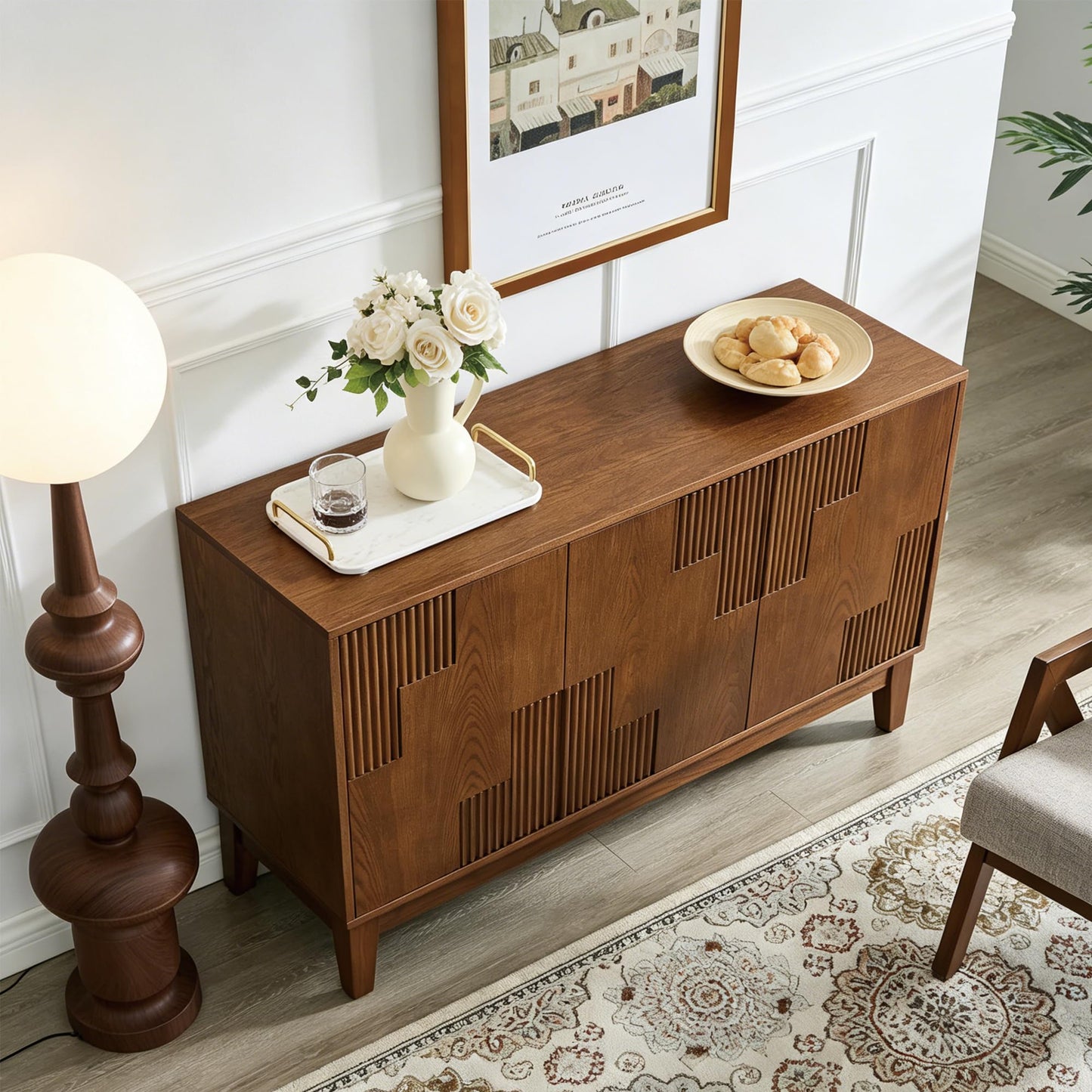 LKTART 40" Sideboard Buffet Accent Storage Cabinet with Carved Pattern Side Board Solid Wood Frame for Kitchen, Living Room, Entryway,Hallway (Blue+Brown)