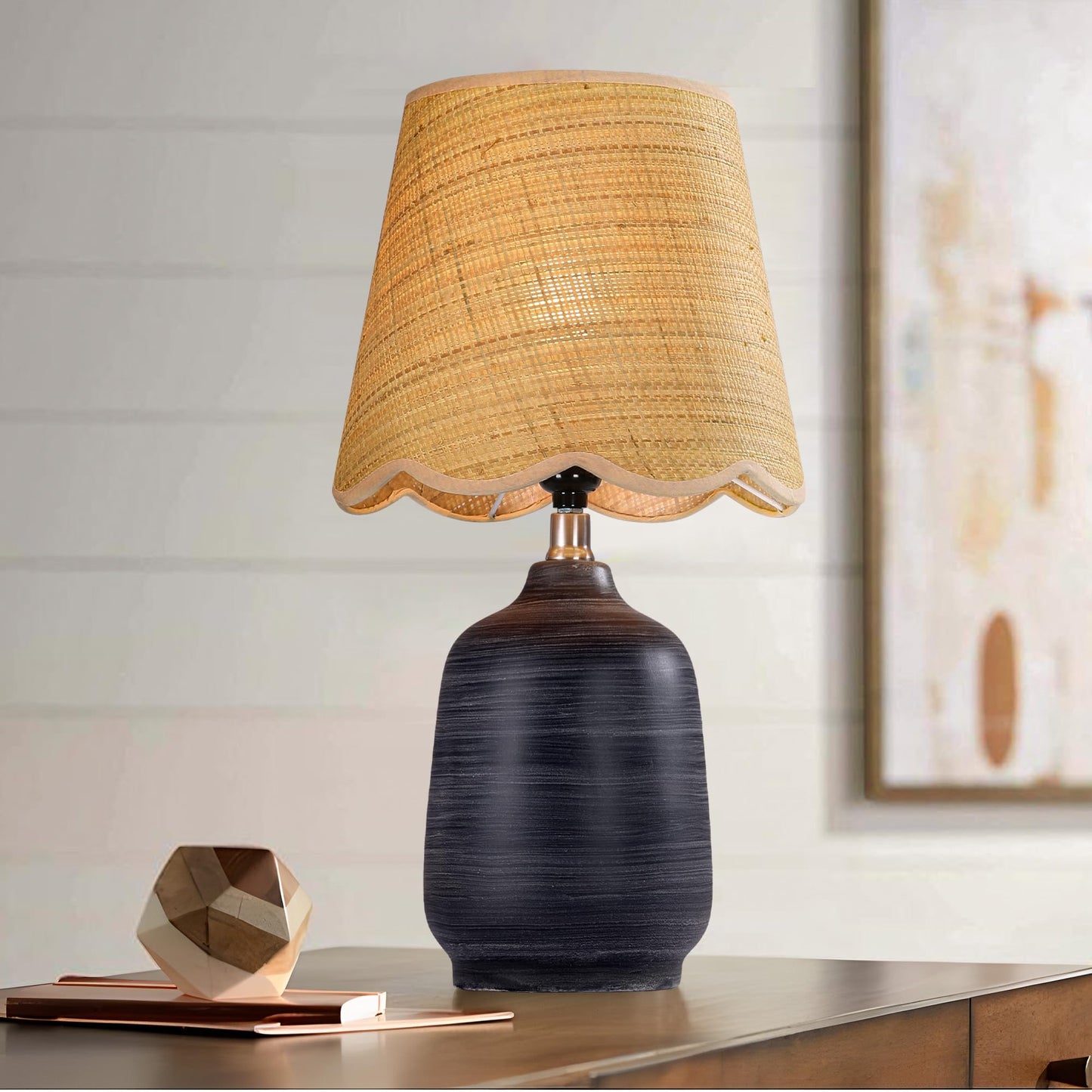 Farmhouse Ceramic Table Lamp, 21" Rustic Table Lamp with Linen Shade, 3-Way Dimmable Bedside Nightstand Lamps for Bedroom, Living Room, E26 Socket, Dark Grey