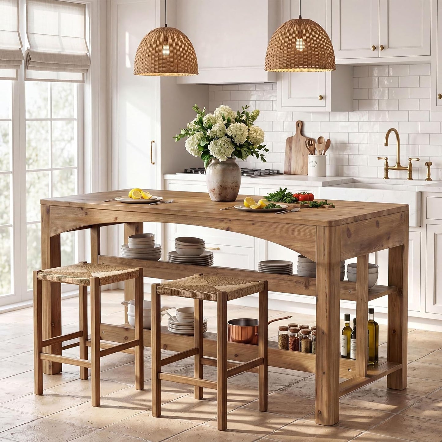 59 Inches Bar Table, Farmhouse Counter Height Pub Table with Storage Shelves, 3-Tier Coffee Bar Cabinet Counter Height Table for Kitchen, Dining Room, Natural Brown
