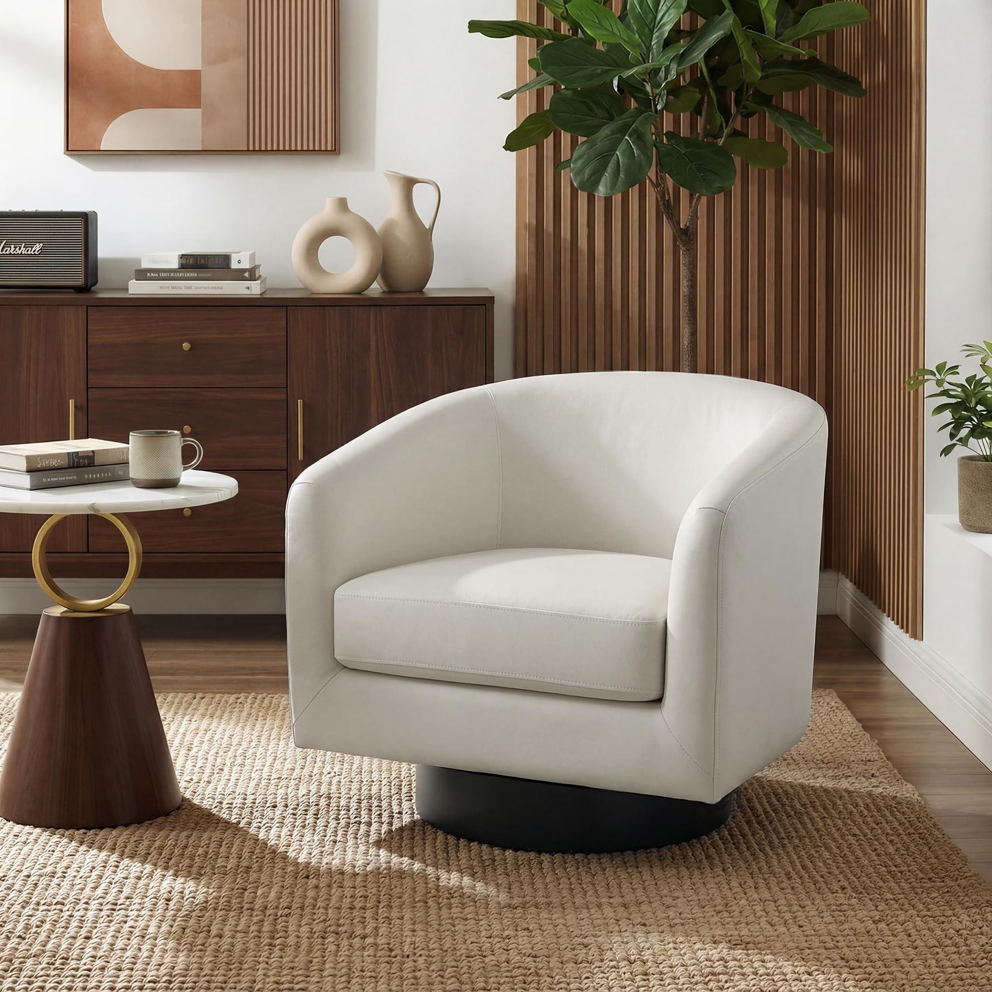 Swivel Barrel Chairs Set of 2, 31" W Modern Faux Leather Round Swivel Accent Chair for Living Room, 360° Rotation Upholstered Armchair Club Chair for Bedroom, Reading Room, Office (Brown)