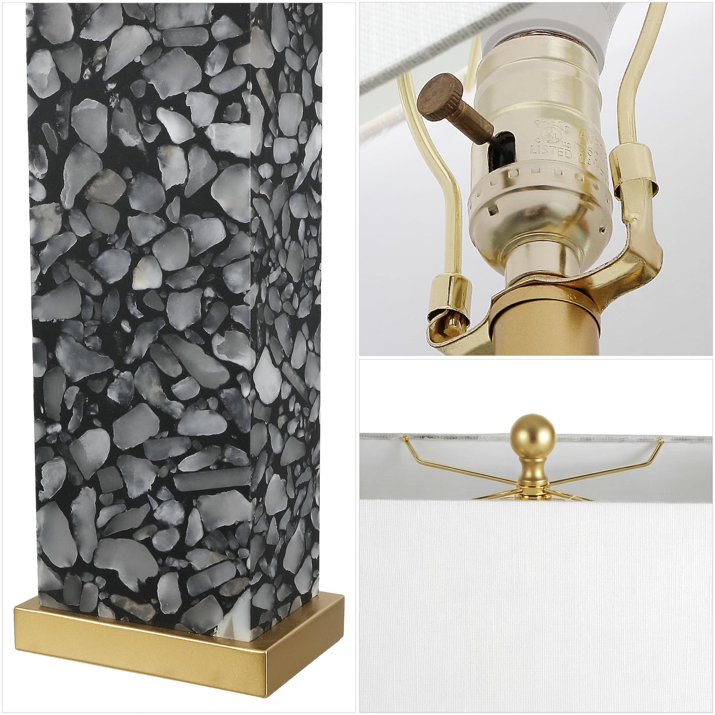 JONATHAN Y 24.25" Black/White Modern Alabaster LED Table Lamp for Home Decor, White Linen Shade, Coastal Nightstand Lamp with Built-in Base Accent Light (JYL8507A)