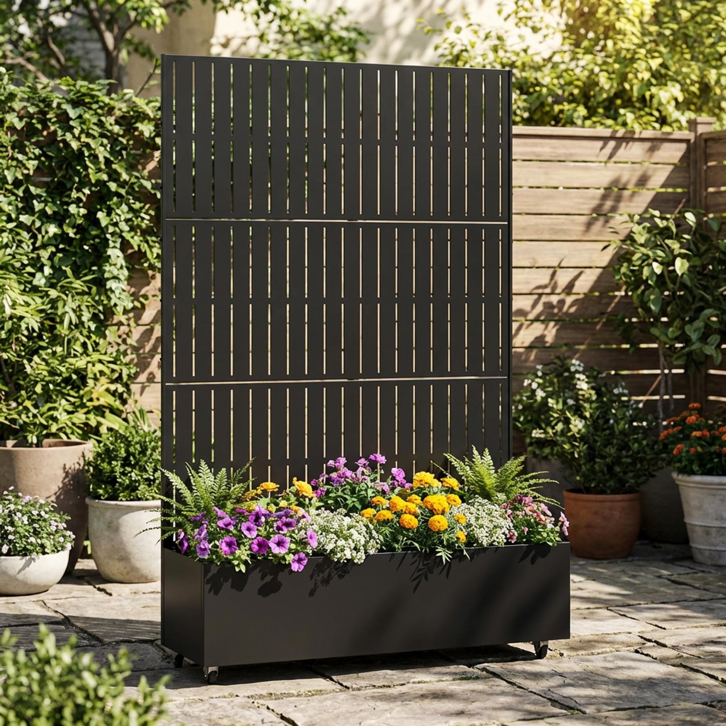 Metal Raised Garden Bed with Trellis and Wheels, 71"x47"x16" Planter Box with Privacy Screen & Drainage Holes, Arched Outdoor Garden Bed for Climbing Plants, Vegetables, Flowers (Black-Square)