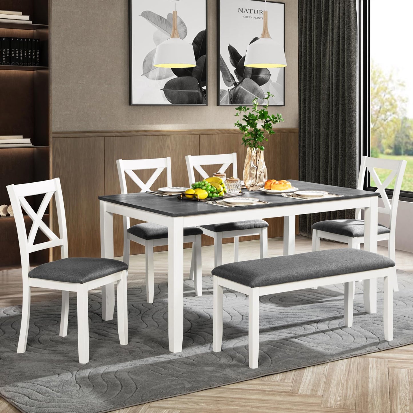 LKTART 6 Piece Kitchen Dining Set, 58.5" Rectangular Wooden Dinner Table with 4 Upholstered Chairs and a Bench for Living Room, Home Bar and Kitchen, Walnut