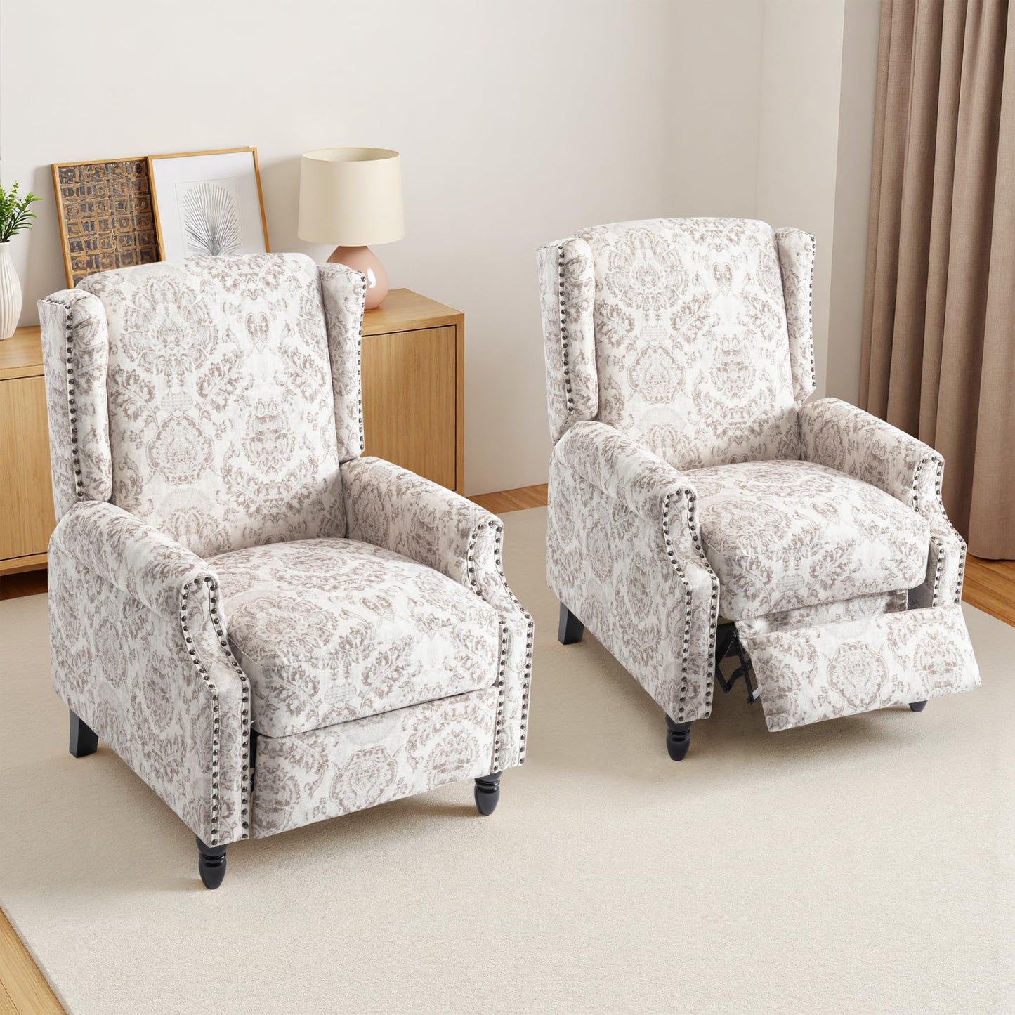 Pushback Recliner Chair, Printed Fabric Wingback Recliner Chair for Living Room, Upholstered Armchair Push Back Recliner with Wood Legs, Rivet Trim Wingback Accent Chair for Bedroom, Navy
