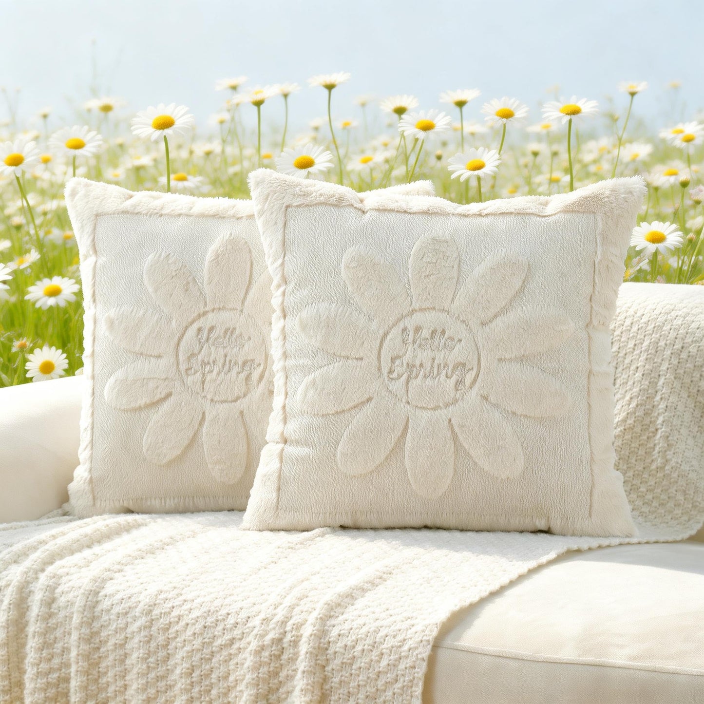 VAKADO Spring Summmer Decorative Throw Pillow Covers 18x18 Set of 2 Pink Couch Daisies Rhomboid Plush Velvet Square Cushion Cases Home Decor Gift for Sofa