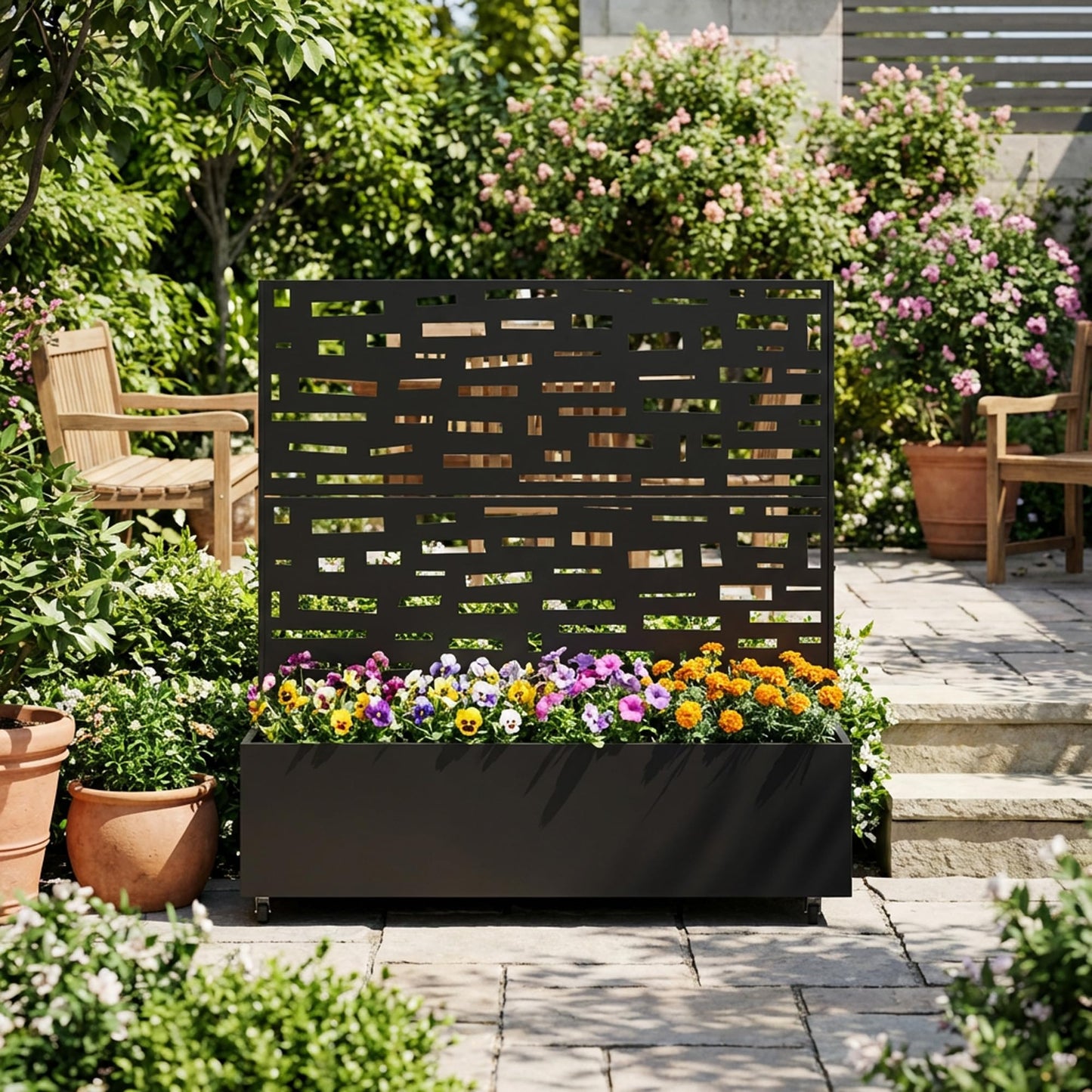 Metal Raised Garden Bed with Trellis and Wheels, 71"x47"x16" Planter Box with Privacy Screen & Drainage Holes, Arched Outdoor Garden Bed for Climbing Plants, Vegetables, Flowers (Black-Square)