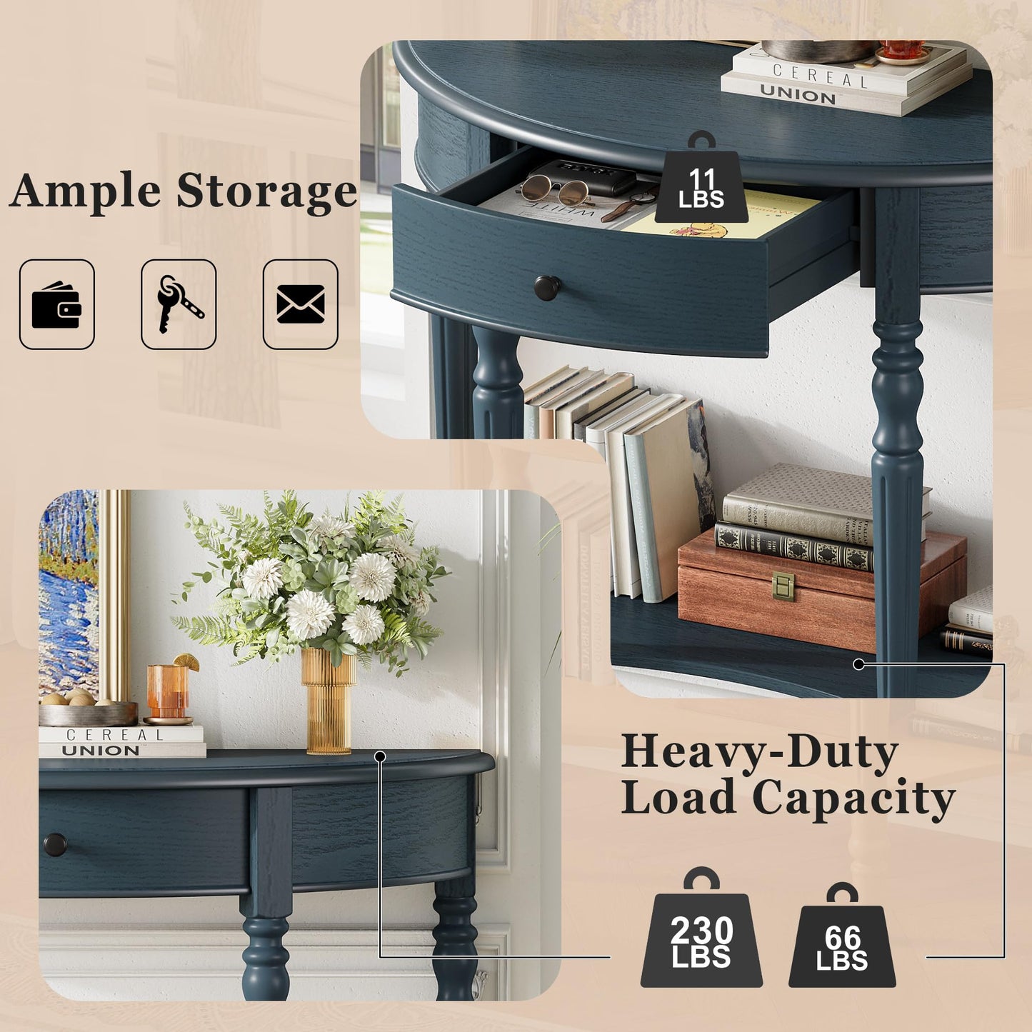 LKTART Small Solid Wood Sofa Table,Console Table with Drawers and Bottom Shelf, Entryway Hallway Foyer Entry Table for Living Room(23.7" Natural)