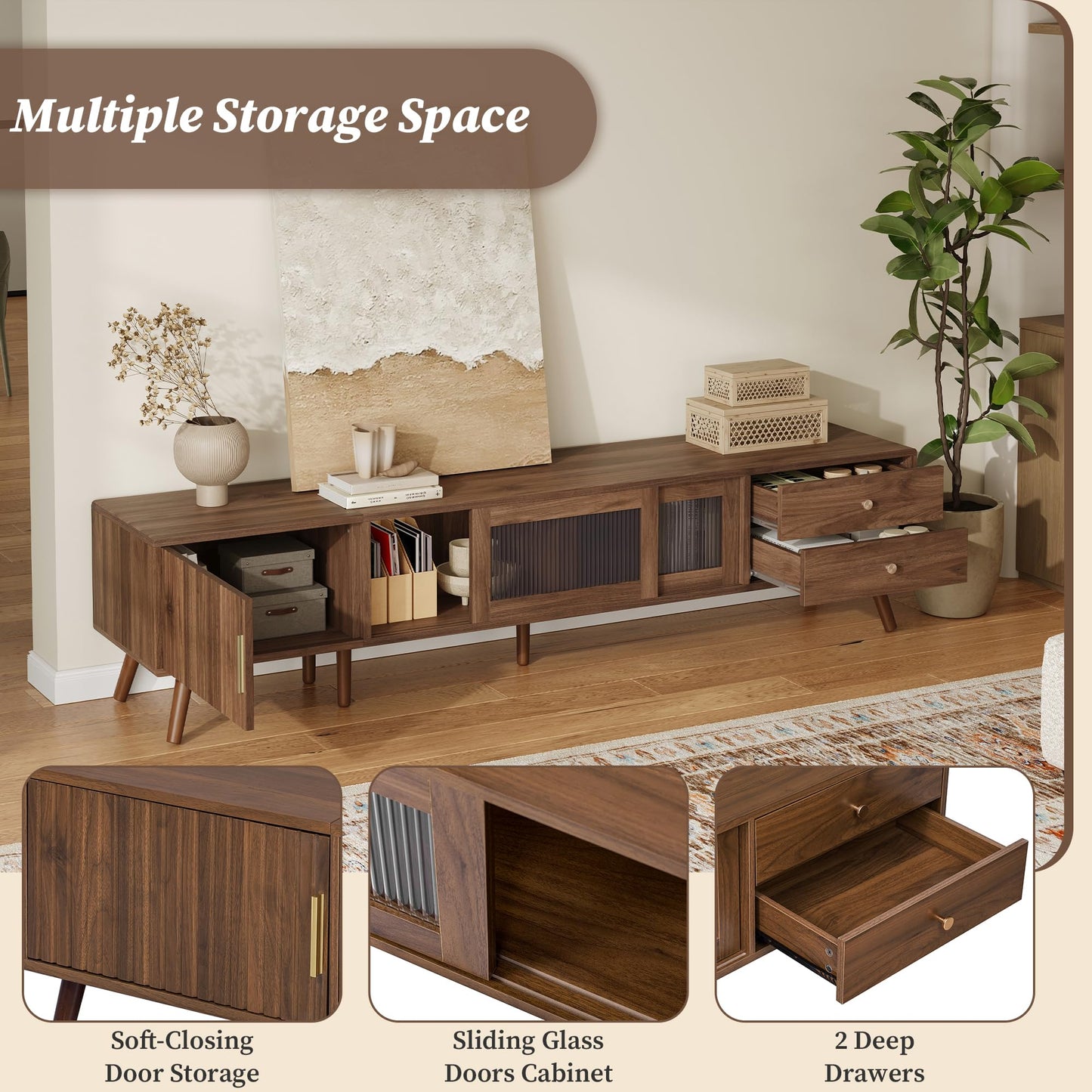 LKTART 67" Mid Century Modern TV Stand for 65/70/75/80" TVs,Entertainment Center with Sliding Doors and Drawers,Media Console for Living Room