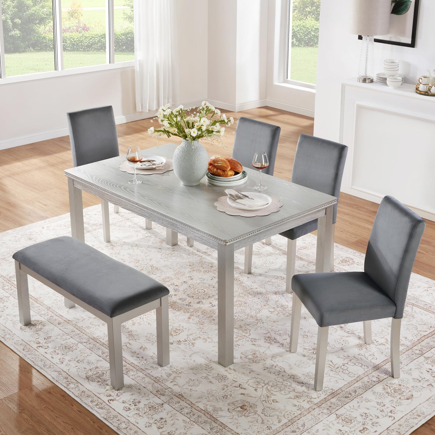 LKTART 6 Piece Kitchen Dining Set, 58.5" Rectangular Wooden Dinner Table with 4 Upholstered Chairs and a Bench for Living Room, Home Bar and Kitchen, Walnut