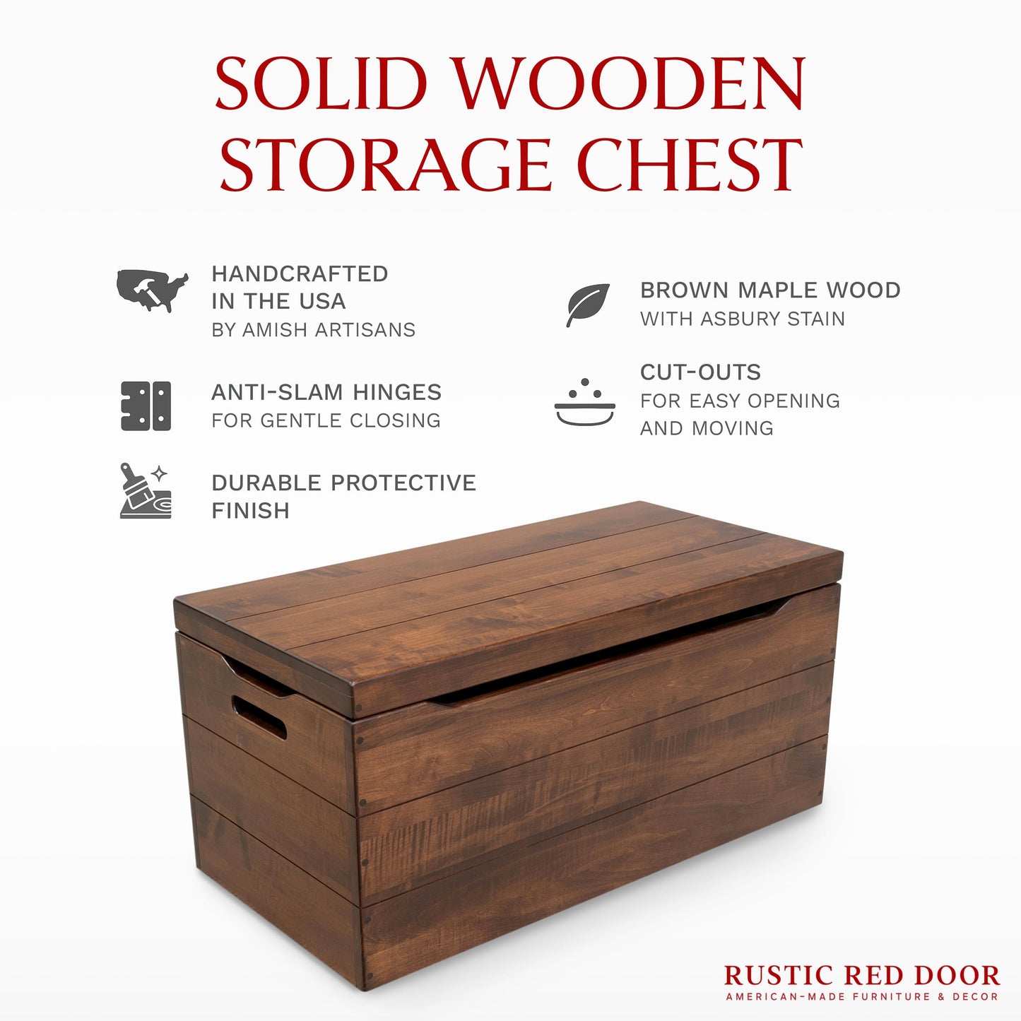 Wooden Storage Chest Trunk Box with Lid and Handles. Handmade, Rustic, Oak Wood, Cherry Stain, 30"