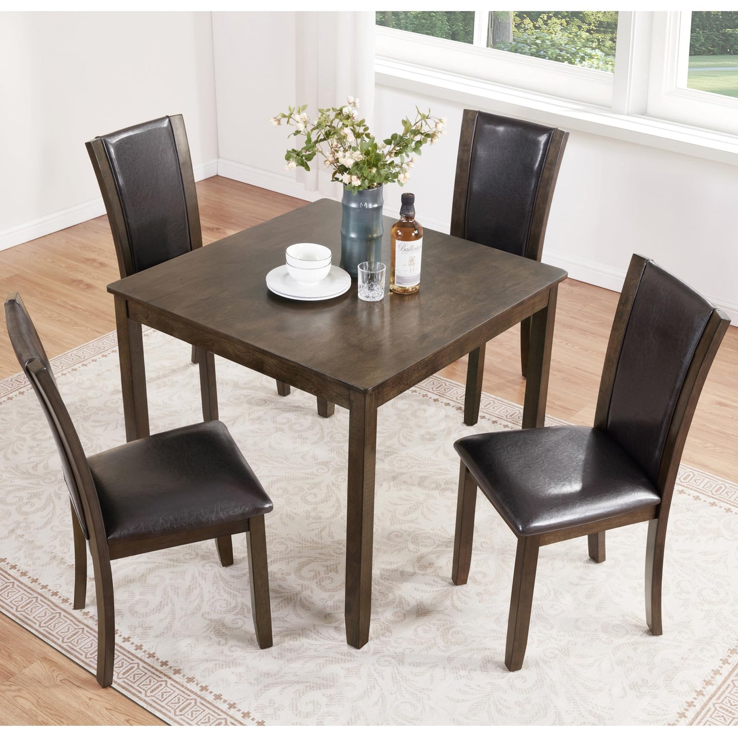 LKTART 5-Piece Kitchen & Dining Room Table and Chairs Sets,Small Square Kitchen Table with 4 Upholstered XX-Shaped Backrest Chairs,Walnut