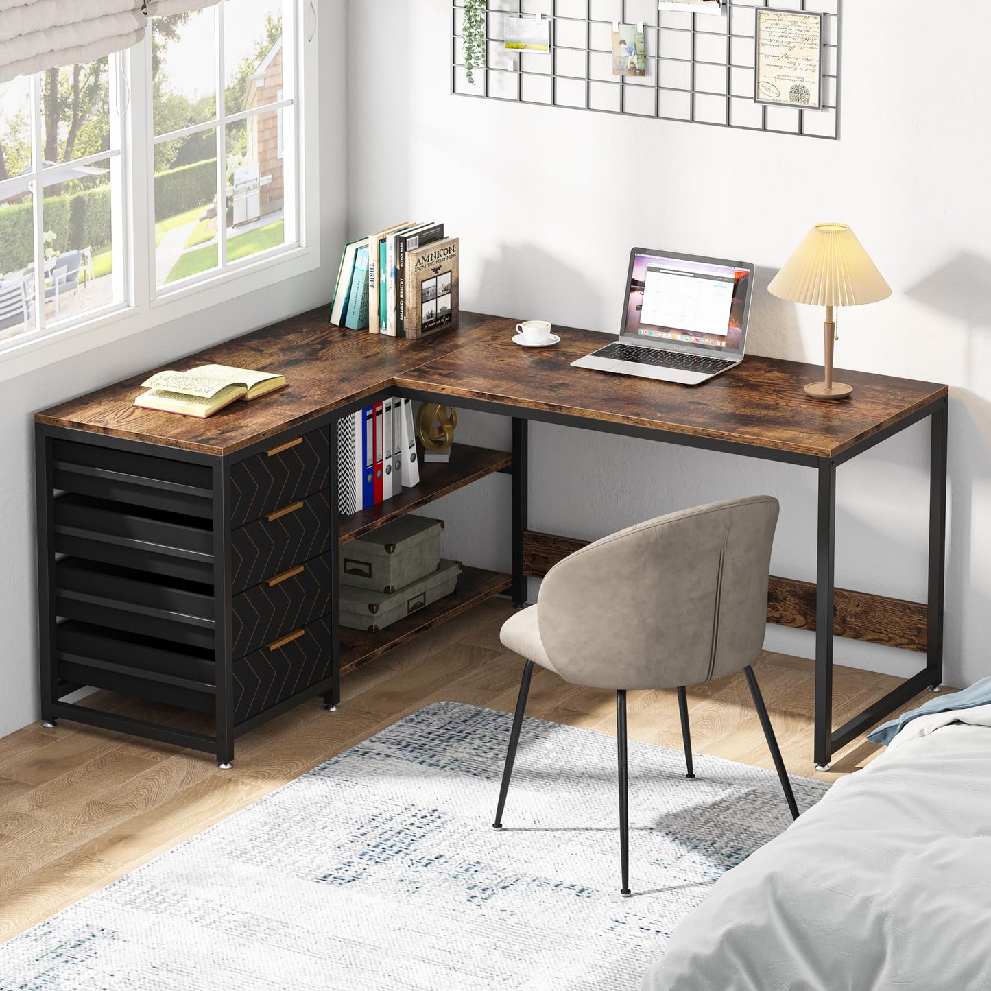 Tribesigns L Shaped Computer Desk with Storage Drawers, 59 inch Corner Desk with Shelves, Reversible L-Shaped Office Desk Study Writing Table Workstation for Home Office, Walnut & White