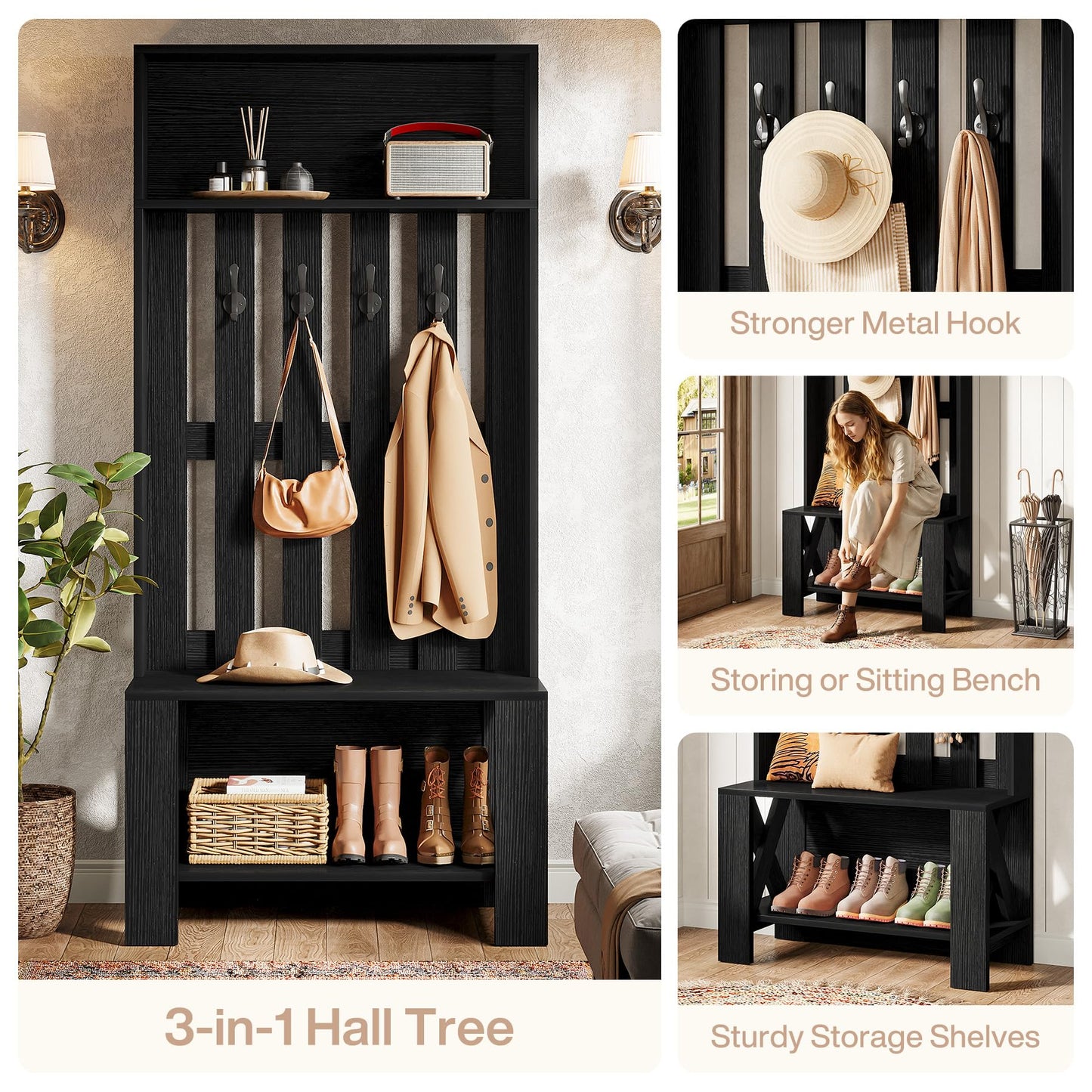 Tribesigns Hall Tree with Bench and Shoe Storage, Farmhouse Entryway Bench with Coat Racks, 70.8" Tall Wooden Hall Tree Organizer with 4 Hooks for Mudroom, Hallway, Bedroom, Space-Saving, Brown