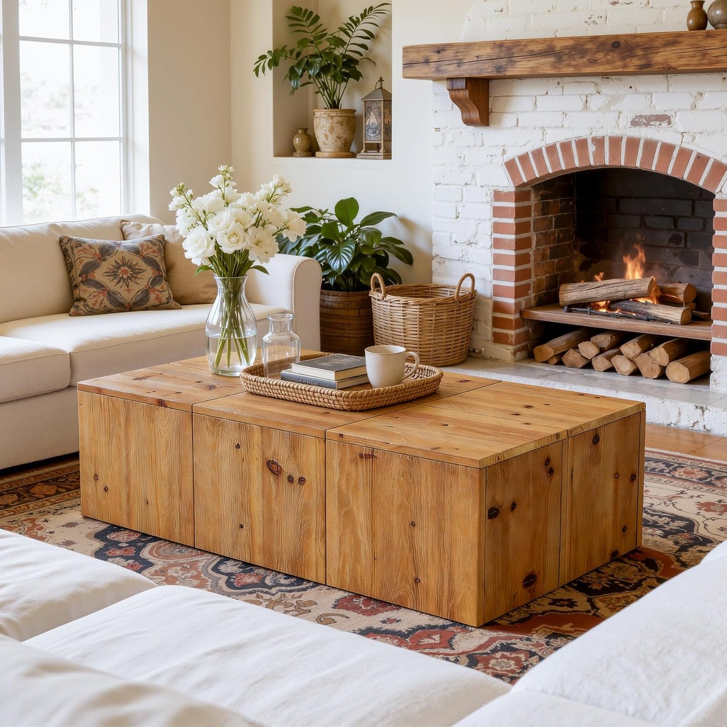 47-inch Rectangle Solid Wood Block Coffee Table, Farmhouse Center Table with Natural Wood Grain, Sturdy Wobble-Free Construction for Living Room, Retro Style