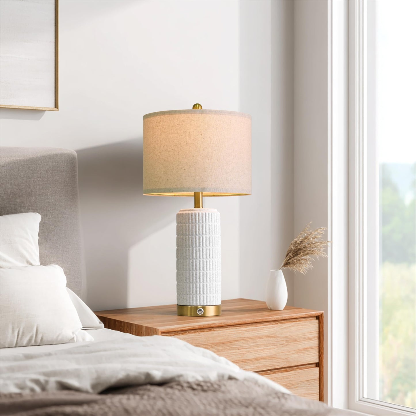 PoKat Touch Bedside Table Lamps with USB Ports for Bedroom Living Room, 25'' Dimmable Nightstand Touch Lamps for Living Room, Modern Ceramic Lamps for Night Stands Bedroom, Office, White and Beige
