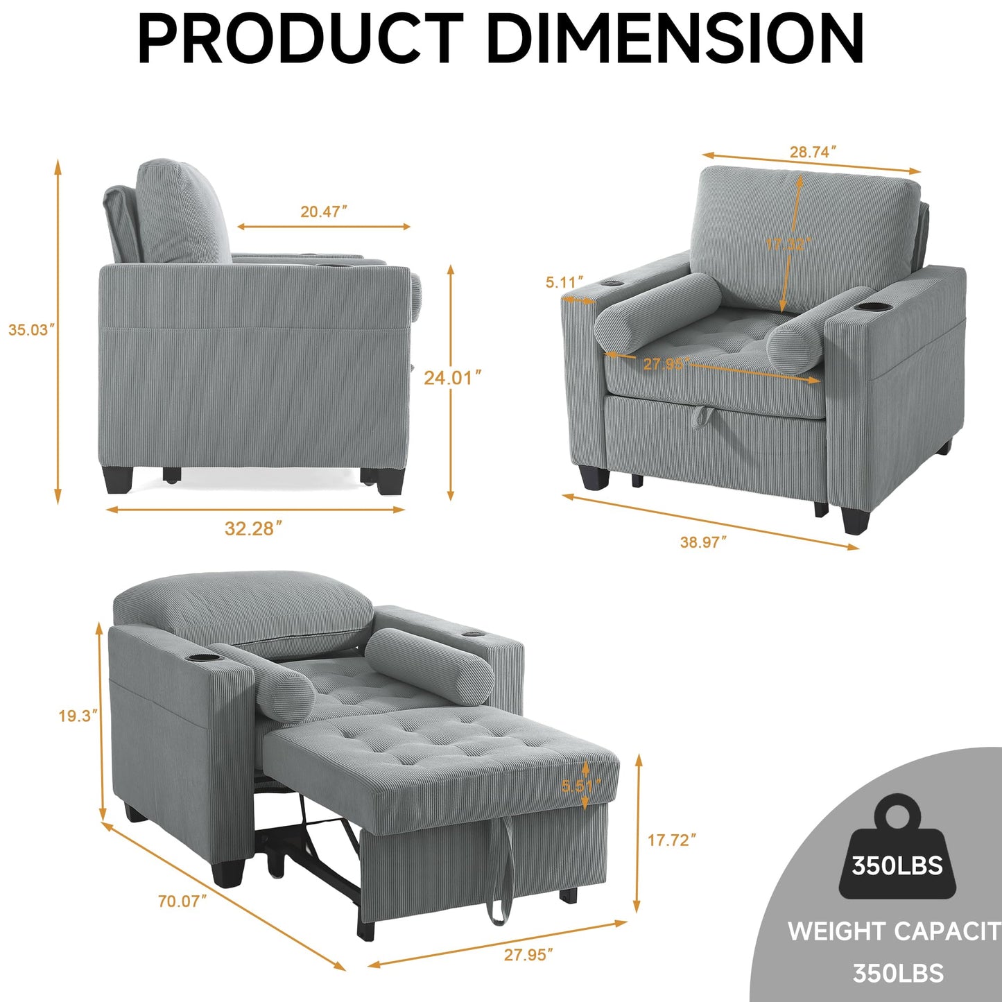 Sleeper Sofa Chair Bed, 3-in-1 Convertible Sleeper Chair with Pull Out Bed, Comfy Corduroy Sofa Bed Couch with Reclining Adjustable Backrest, USB Ports, Cup Holder, Side Pocket (Gray, 38.8")