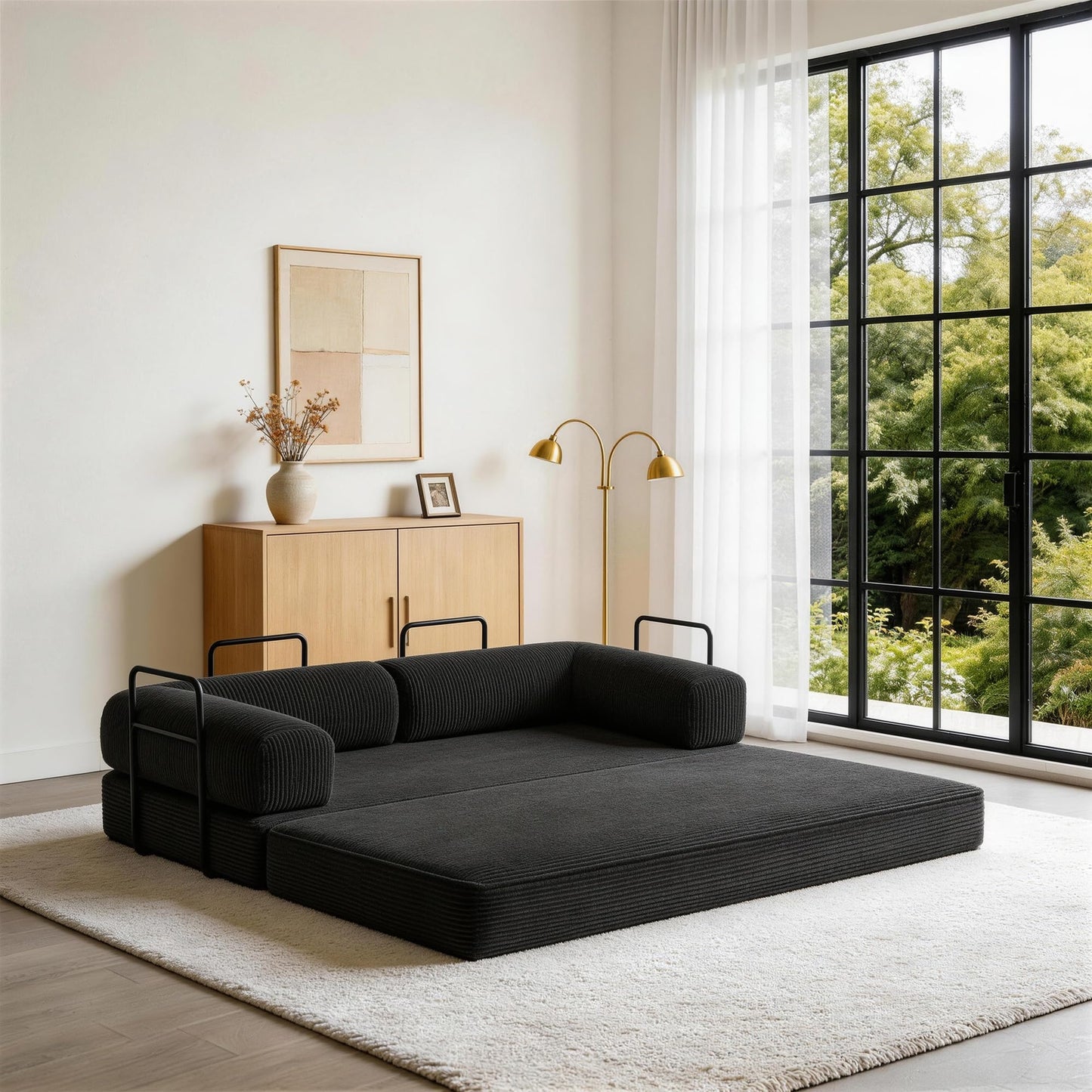 79'' Convertible Sleeper Sofa Bed, 4-in-1 Corduroy Folding Floor Couch, No Assembly Modular Boneless Loveseat with Pull Out Bed, Comfy Foldable Sofa Bed for Living Room Bedroom Guest Room, Gray