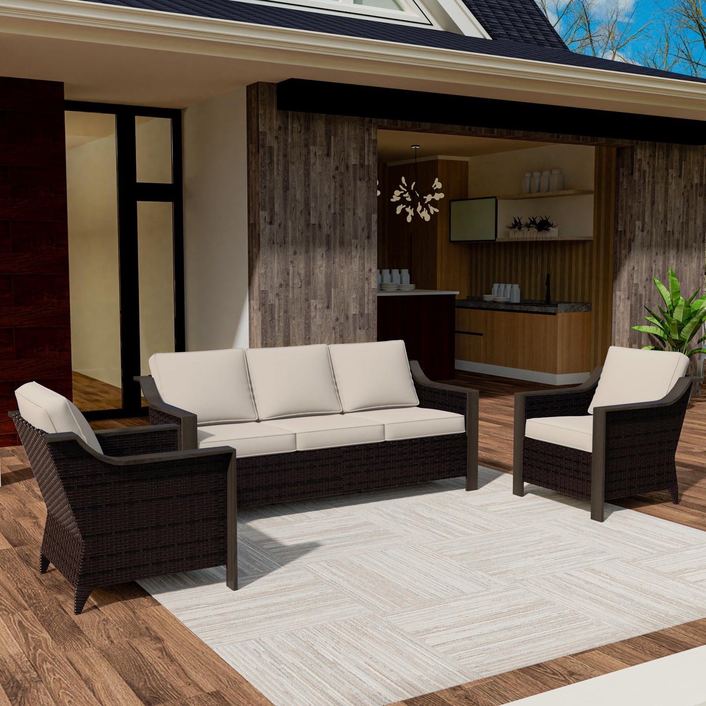 74 Inch Patio 3-Seater Sofa,PE Wicker Outdoor Lounge with Thick Removable Water-Resistant Cushions, Rust-Proof Steel Frame, 900LBS Capacity, Beige