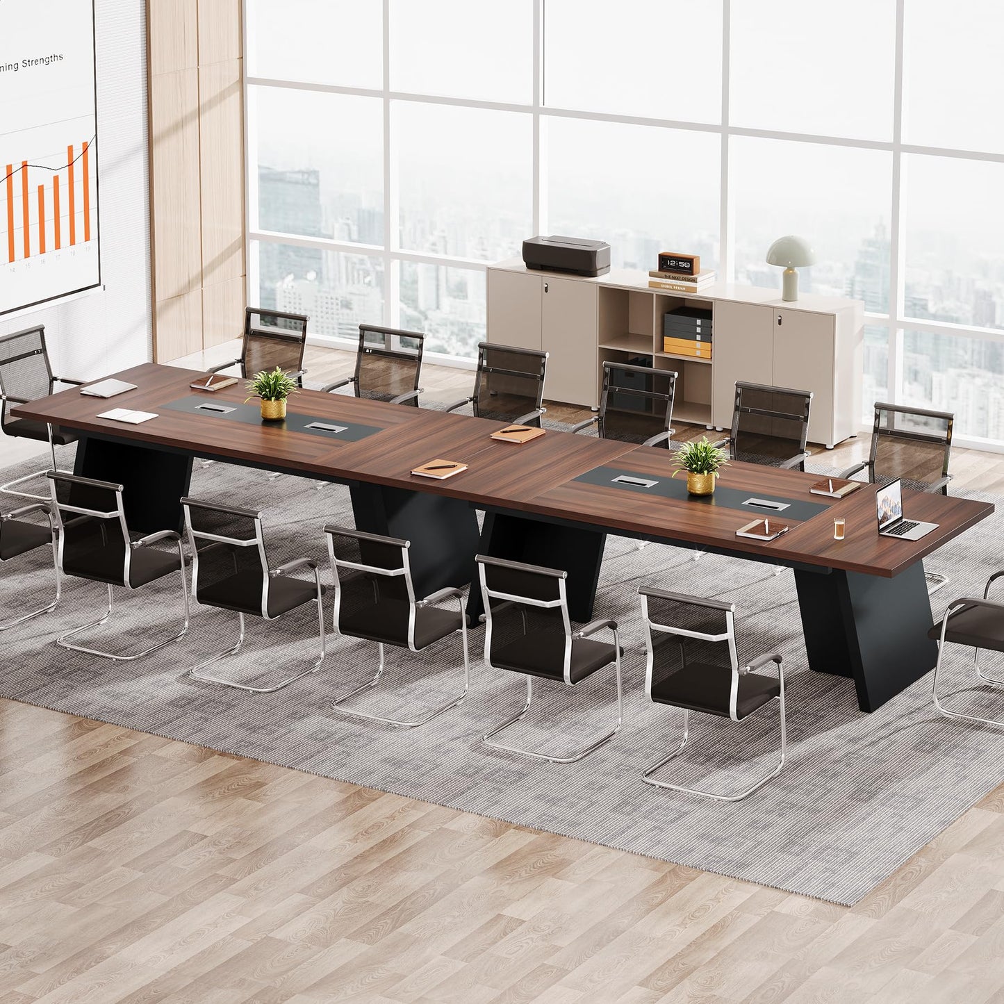 Tribesigns 8ft Conference Table, Modern Office Meeting Room Desk with Cable Management, Large Business Furniture for Boardroom, Conference Room (1, Walnut + Black)