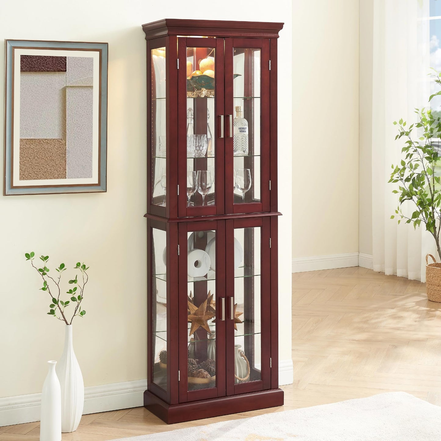 LKTART Curio Glass Display Cabinet with Lighted and Mirrored Back Panel,China Cabinets with Glass Doors,Tall Storage Cabinets with Adjustable Shelves for Curio Collectibles Storage(Cherry)