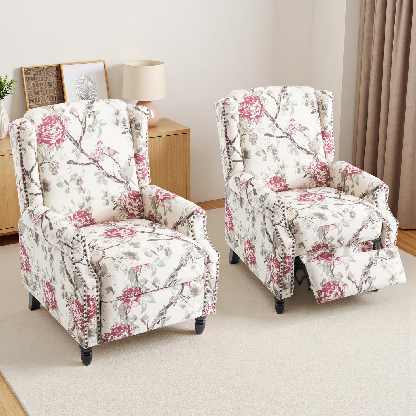 Pushback Recliner Chair, Printed Fabric Wingback Recliner Chair for Living Room, Upholstered Armchair Push Back Recliner with Wood Legs, Rivet Trim Wingback Accent Chair for Bedroom, Navy