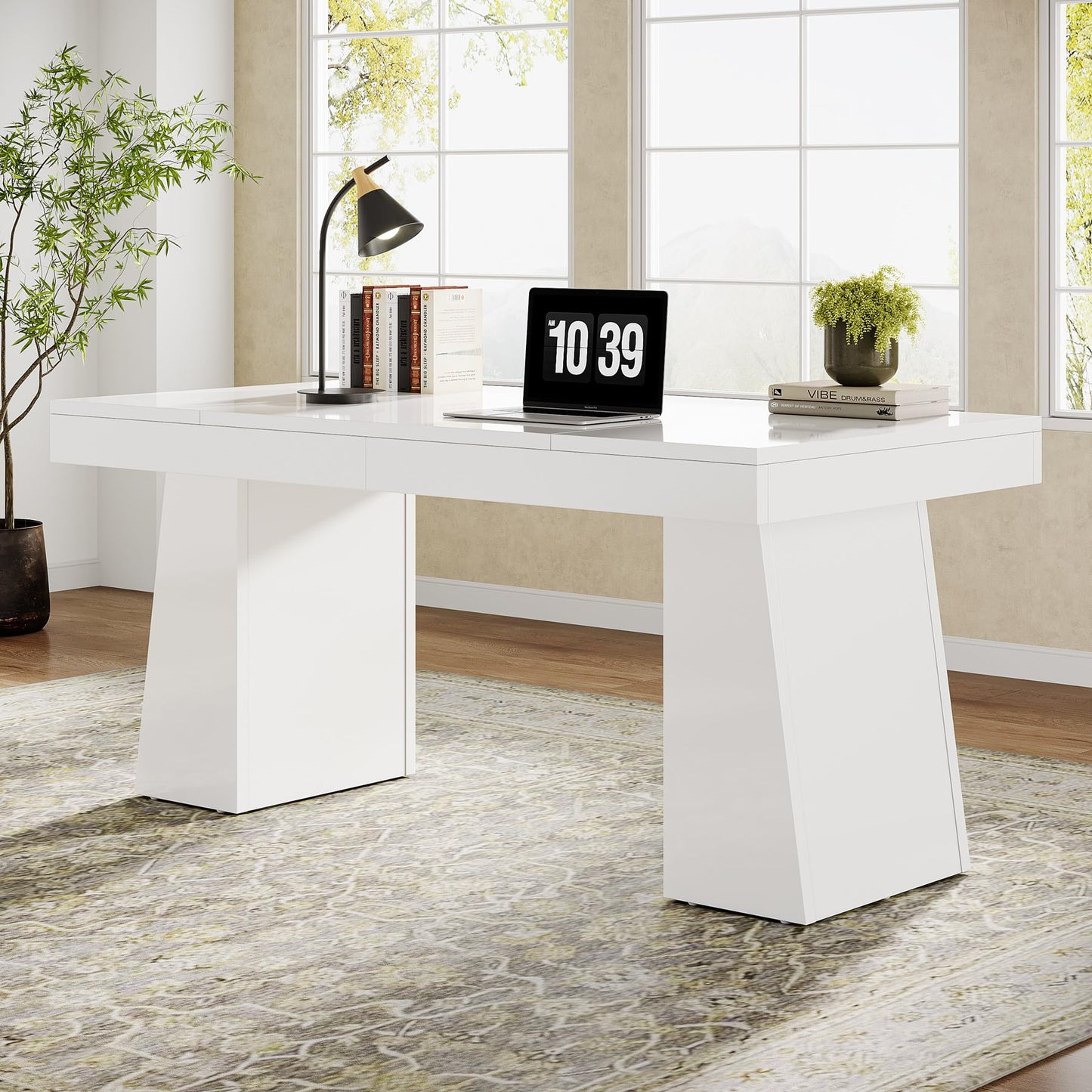 Tribesigns 55" Executive Desk, Wooden Office Desk with Double Pedestal, Modern Simple Computer Writing Table for Home Office, Light Brown