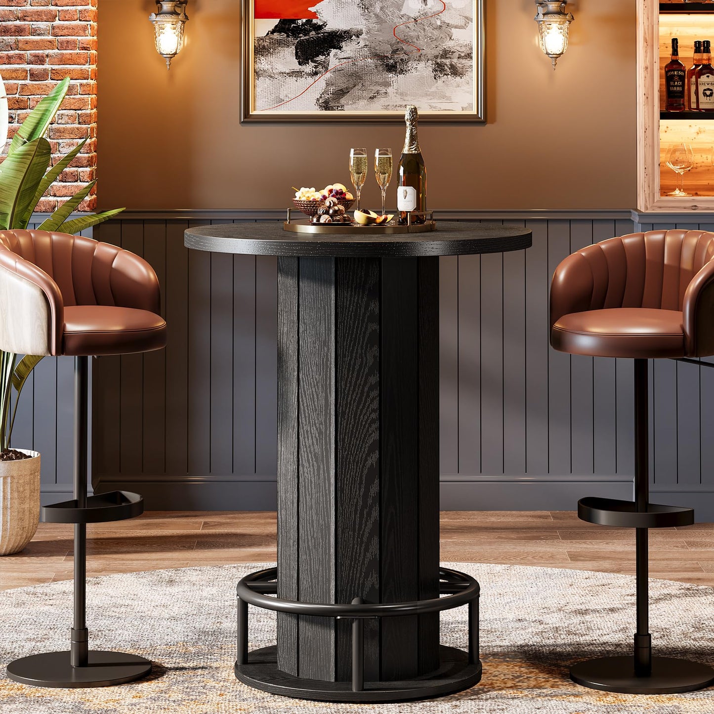 Tribesigns Round Bar Table, 39.4" H Wood Bistro Pub Table with Metal Ring Footrest for Dining Coffee Cocktail Living Room, Small Space, Black (Only Table)