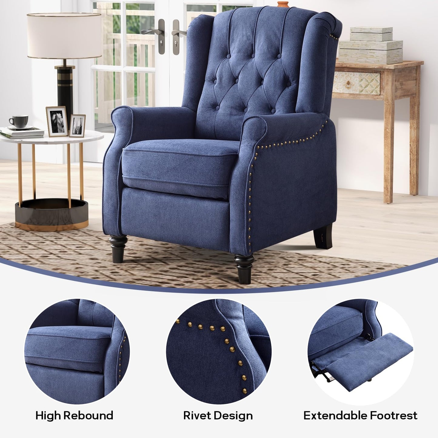 IOMOR Push Back Recliner Chair Fabric Lounge Armchair Pushback Recliner with Rivet Decoration Wingback Single Sofa Chair with Padded Seat for Living Room, Bedroom (1, Navy)