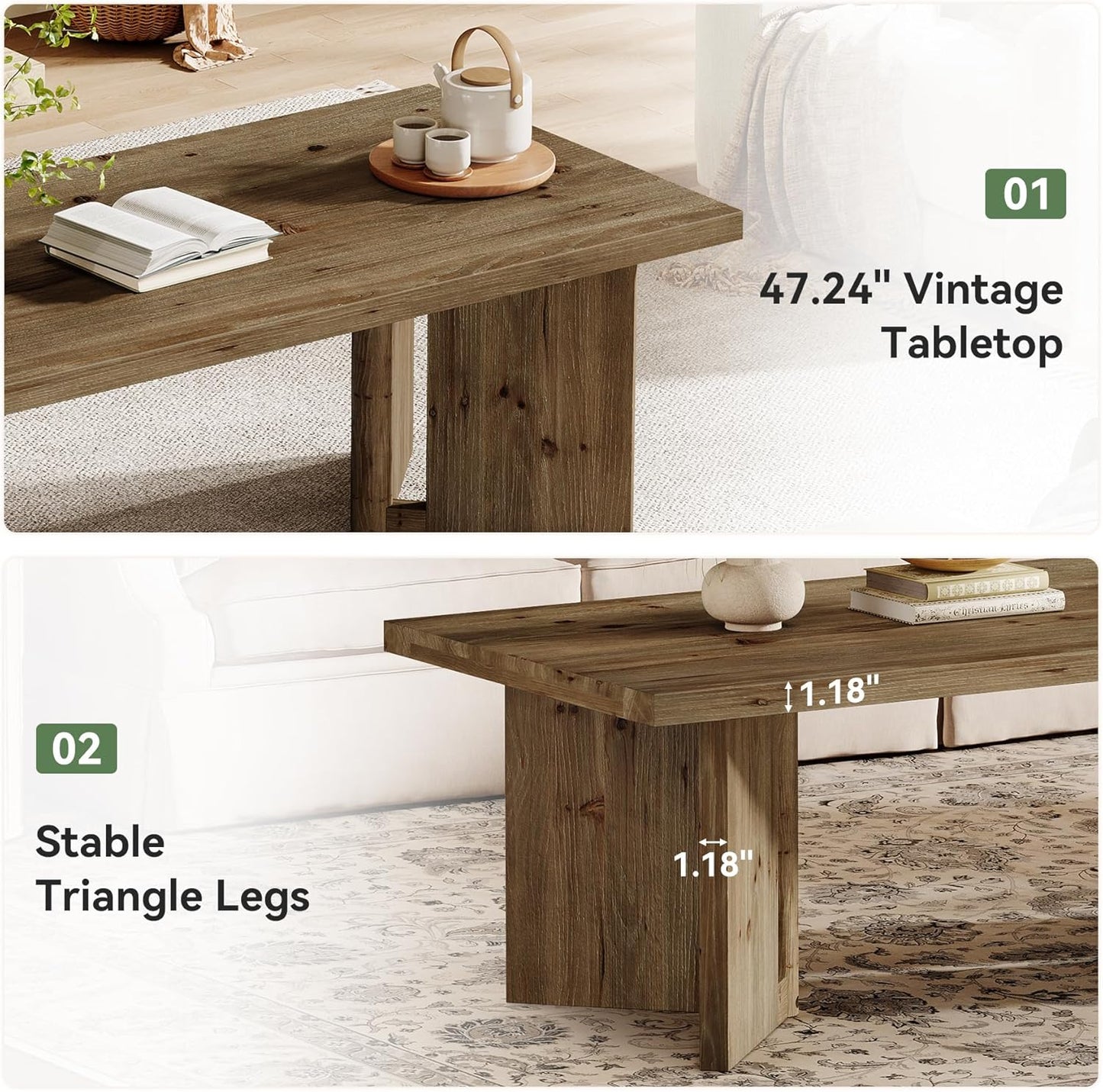 Wood Coffee Table, 47-Inch Farmhouse Rectangle Center Table with Triangle Legs, Rustic Long Tea Table for Living Room, Brown