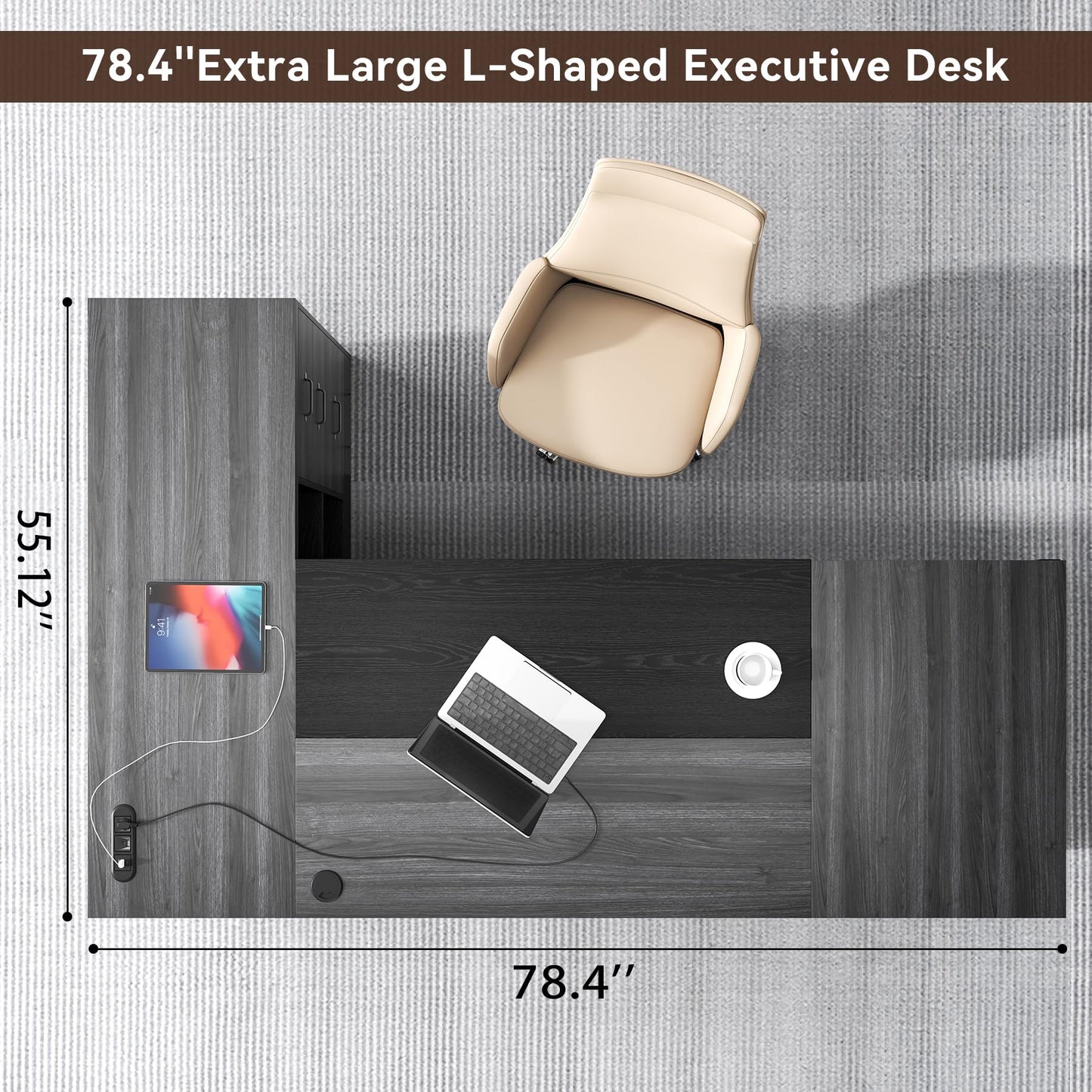 Epecoya L-Shaped Executive Desk with Drawer, 78-Inch Large Home Office Desk with Cord Hold and Power Outlet, Modern Computer Table with Lateral File Cabinet,Open Shelf and PC Stand, Walnut Brown Black
