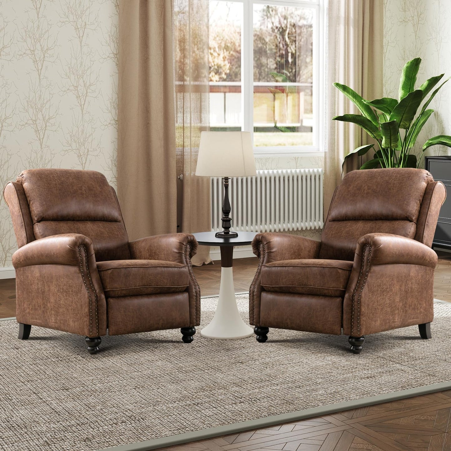 IOMOR Push Back Recliner Chair Faux Leather Lounge Armchair with Rivet Decoration Wingback Single Sofa Chair with Padded Seat Solid Wood Legs for Living Room, Comfy Upholstered, Red Brown