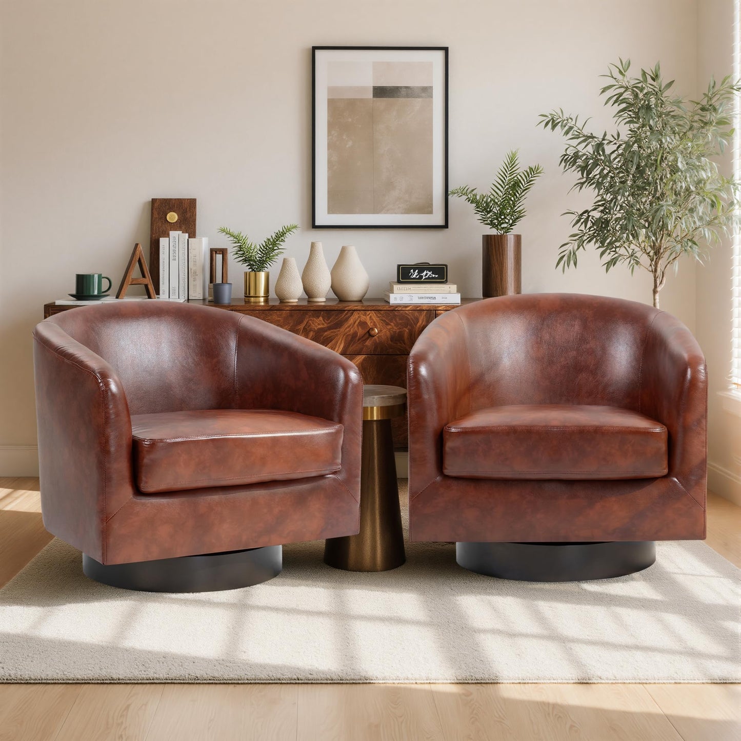 Swivel Barrel Chairs Set of 2, 31" W Modern Faux Leather Round Swivel Accent Chair for Living Room, 360° Rotation Upholstered Armchair Club Chair for Bedroom, Reading Room, Office (Brown)