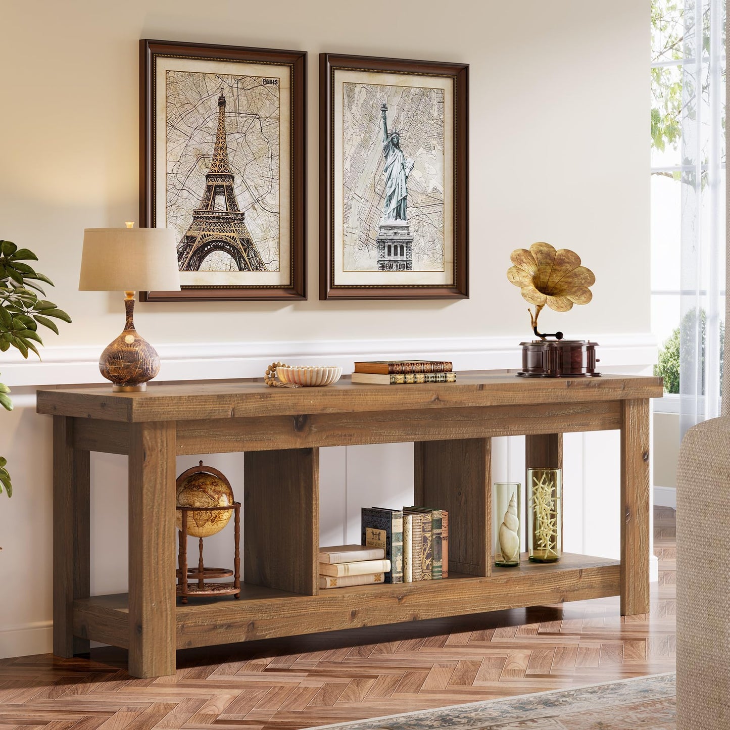 Solid Wood Console Table, 63-Inch Entryway Table with Storage, Long Wooden Sofa Table Behind Couch for Entryway, Hallway, Foyer, Living Room, Natural Wood