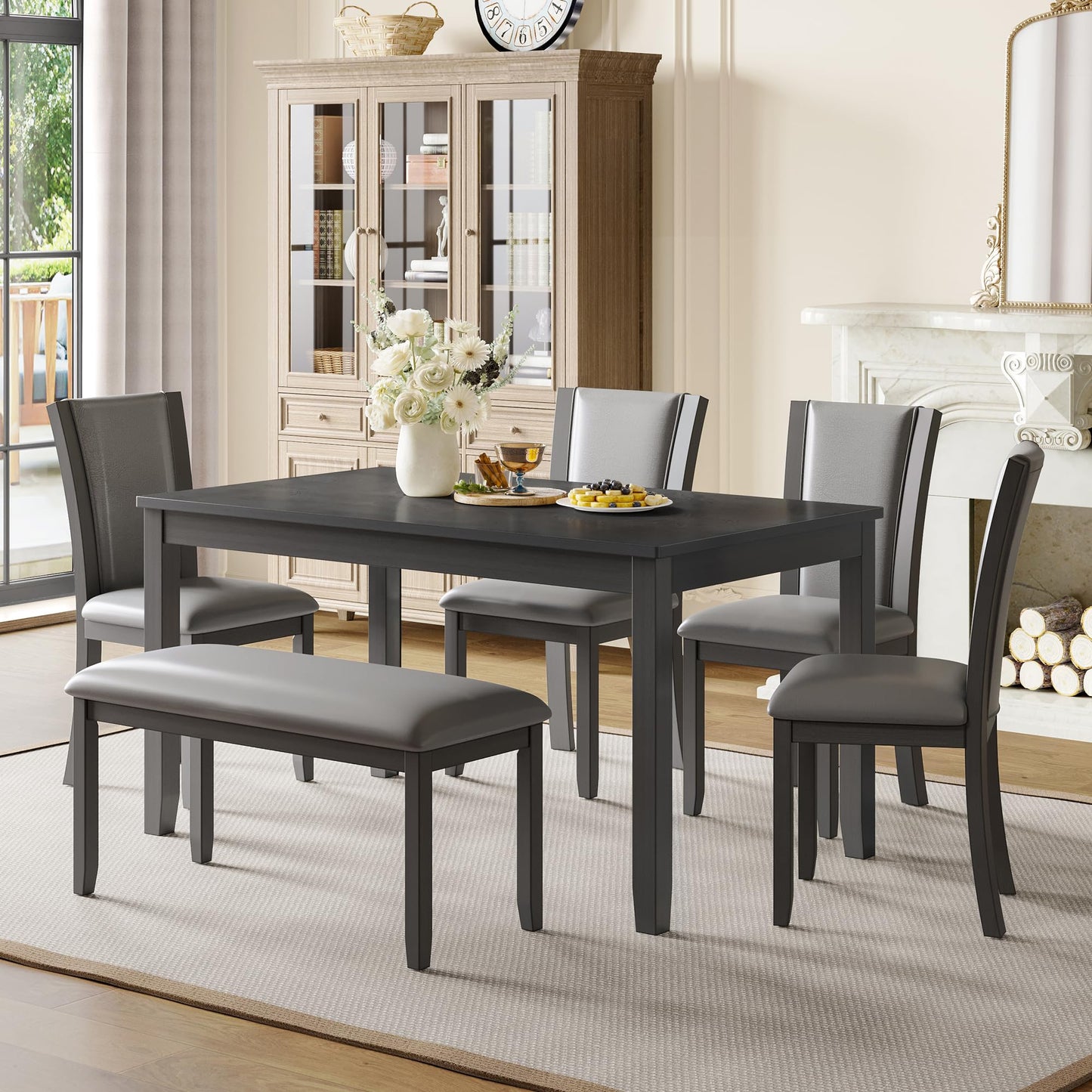 LKTART 6 Piece Kitchen Dining Set, 58.5" Rectangular Wooden Dinner Table with 4 Upholstered Chairs and a Bench for Living Room, Home Bar and Kitchen, Walnut