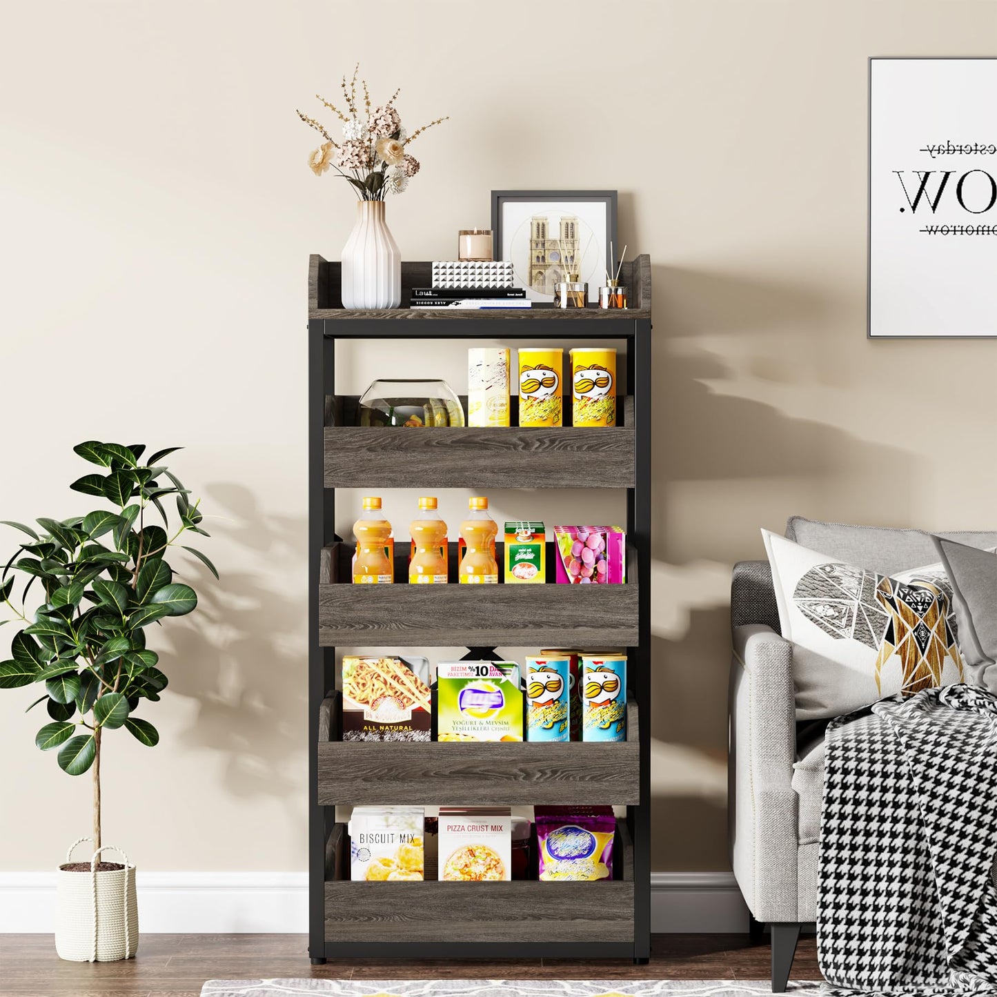 Tribesigns Wood Fruit and Vegetable Storage Rack, 5-Tier Pull-Out Snack Stand Fruit Basket Stand, Utility Shelf Organizer for Kitchen, Living Room, Bedroom, Rustic Brown