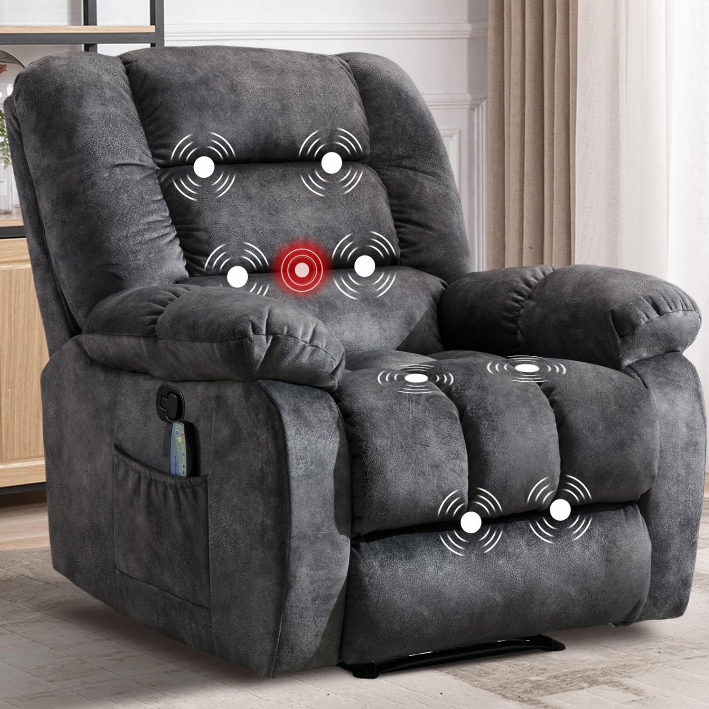 IOMOR Massage Recliner Chair with Heat and Massage, Ergonomic Overstuffed Breathable Fabric Reclining Chairs, Single Sofa Chair with Side Pockets for Living Room Home Theater (Dark Gray)