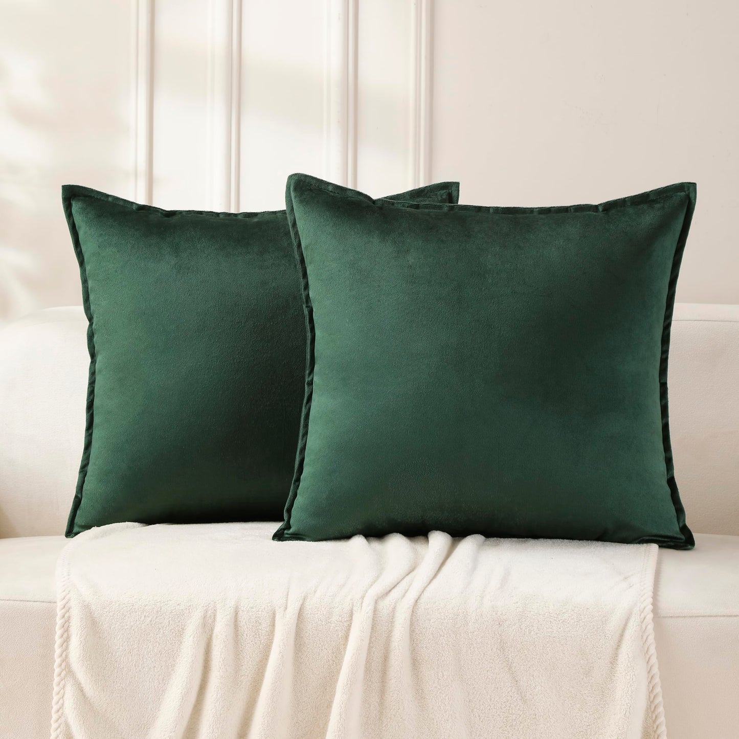 VAKADO Throw Pillow Covers 18x18 Set of 2 Olive Green Velvet Decor Decorative Couch Cushion Euro Xmas Pillowcases with Fringe Home Bed Decoration for Sofa Bedroom Office
