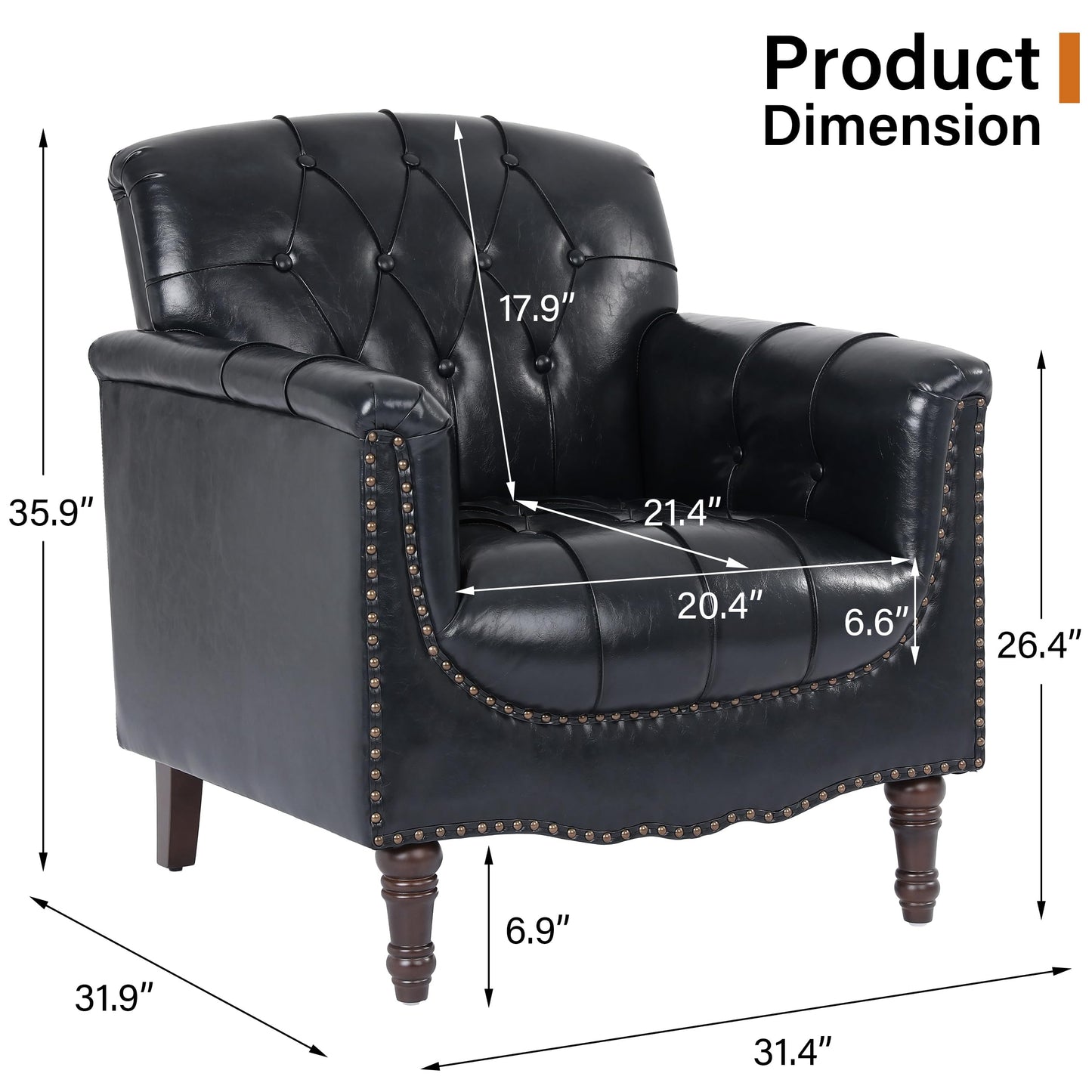 Faux Leather Club Chair, Retro Upholstered Armchair Accent Chair with Solid Wood Legs & Nailhead Trim for Living Room, Bedroom, Reading Room, Camel