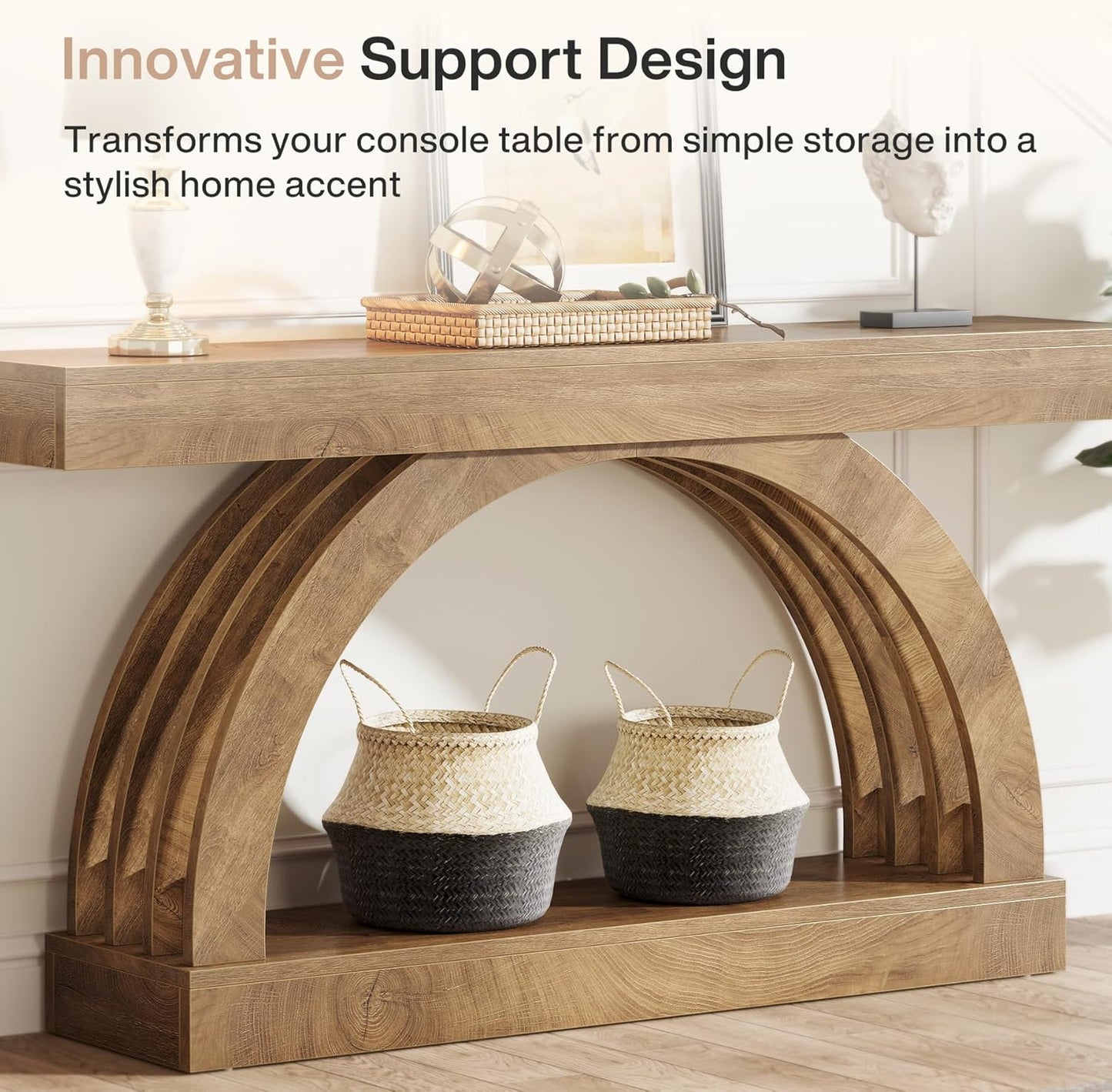 Tribesigns 63-Inch Entryway Table, 2-Tier Sofa Table Behind the Couch, Farmhouse Narrow Unique Arched Console for Hallway, Living Room, Foyer