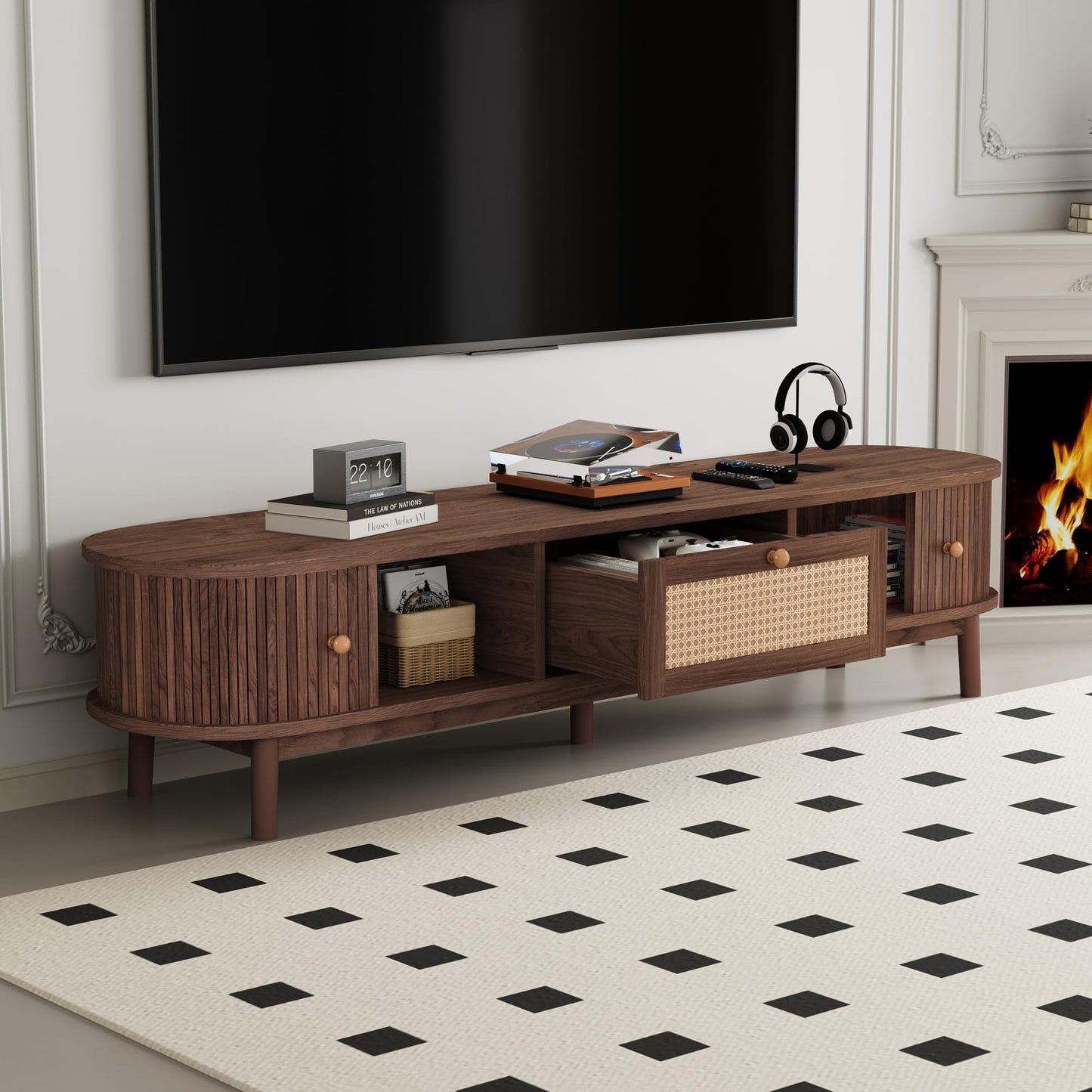 LKTART 67" Mid Century Modern TV Stand for 65/70/75/80" TVs,Entertainment Center with Sliding Doors and Drawers,Media Console for Living Room