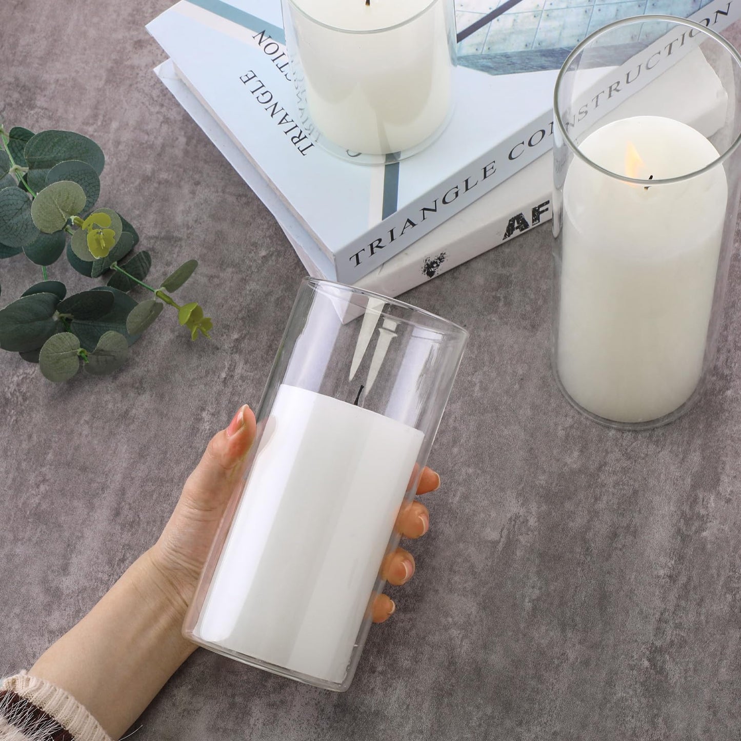 Shihanee Set of 3 Pillar Candles and 3 Glass Cylinder Candle Vases Holders Clear Pillar Jars for Wedding Centerpieces(3'' x 5.9'', 7.9'', 9.8'',Ivory White)