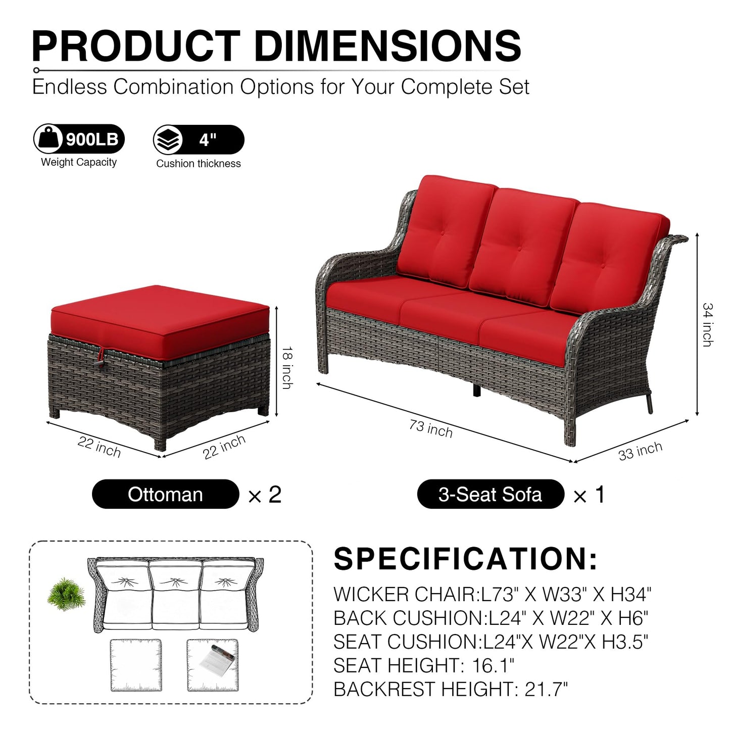 Joyside Outdoor Patio Couch, 3 Seater Outdoor Wicker Sofa with High Back, Deep Seating, Wide Armrest, Thickened Cushions, Patio Sofa for Deck, Porch Use